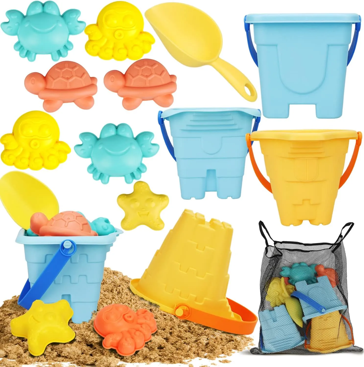 TOY Life Beach Toys for Kids Ages 8-12 - 3 Sand Buckets, Shovel, Animal Molds and Mesh Bag - Castle Building Kit Sandbox Toys for Boys Girls Gift for Toddler Party Outdoor Play - 9 Piece Set