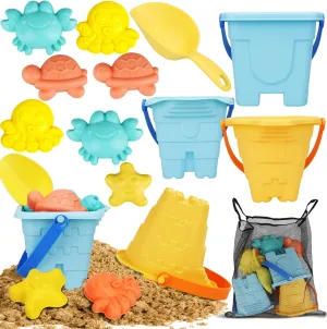 TOY Life Beach Toys for Kids Ages 8-12 - 3 Sand Buckets, Shovel, Animal Molds and Mesh Bag - Castle Building Kit Sandbox Toys for Boys Girls Gift for Toddler Party Outdoor Play - 9 Piece Set
