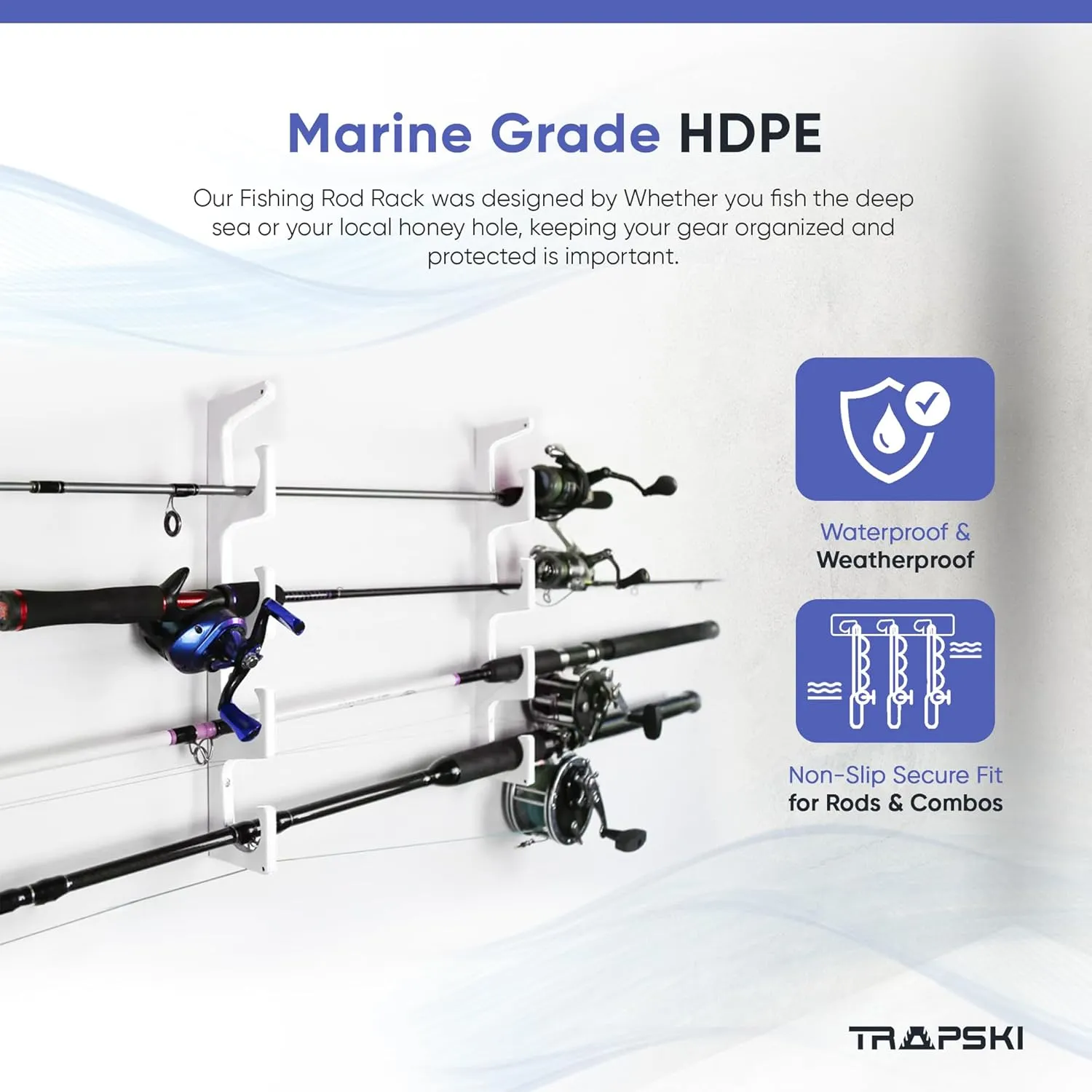 TRAPSKI Made in The USA Fishing Rod/Pole Holder Rack Organizers | Wall or Boat Mounting Fishing Rod Rack | Marine Grade HDPE Plastic | Pole Holder for up to 4 Rods | Stackable
