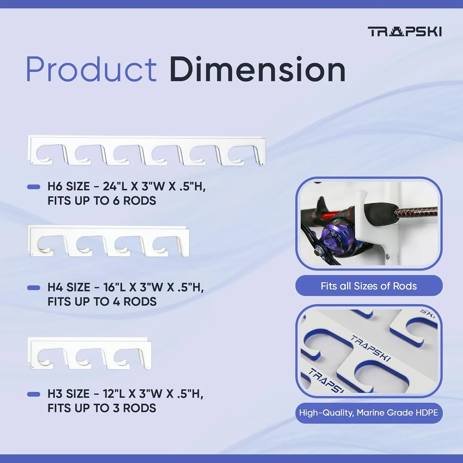 TRAPSKI Made in The USA Fishing Rod/Pole Holder Rack Organizers | Wall or Boat Mounting Fishing Rod Rack | Marine Grade HDPE Plastic | Pole Holder for up to 4 Rods | Stackable