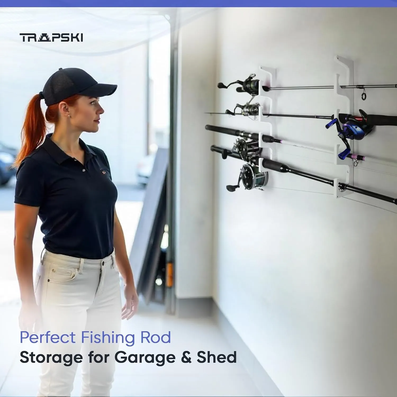 TRAPSKI Made in The USA Fishing Rod/Pole Holder Rack Organizers | Wall or Boat Mounting Fishing Rod Rack | Marine Grade HDPE Plastic | Pole Holder for up to 4 Rods | Stackable