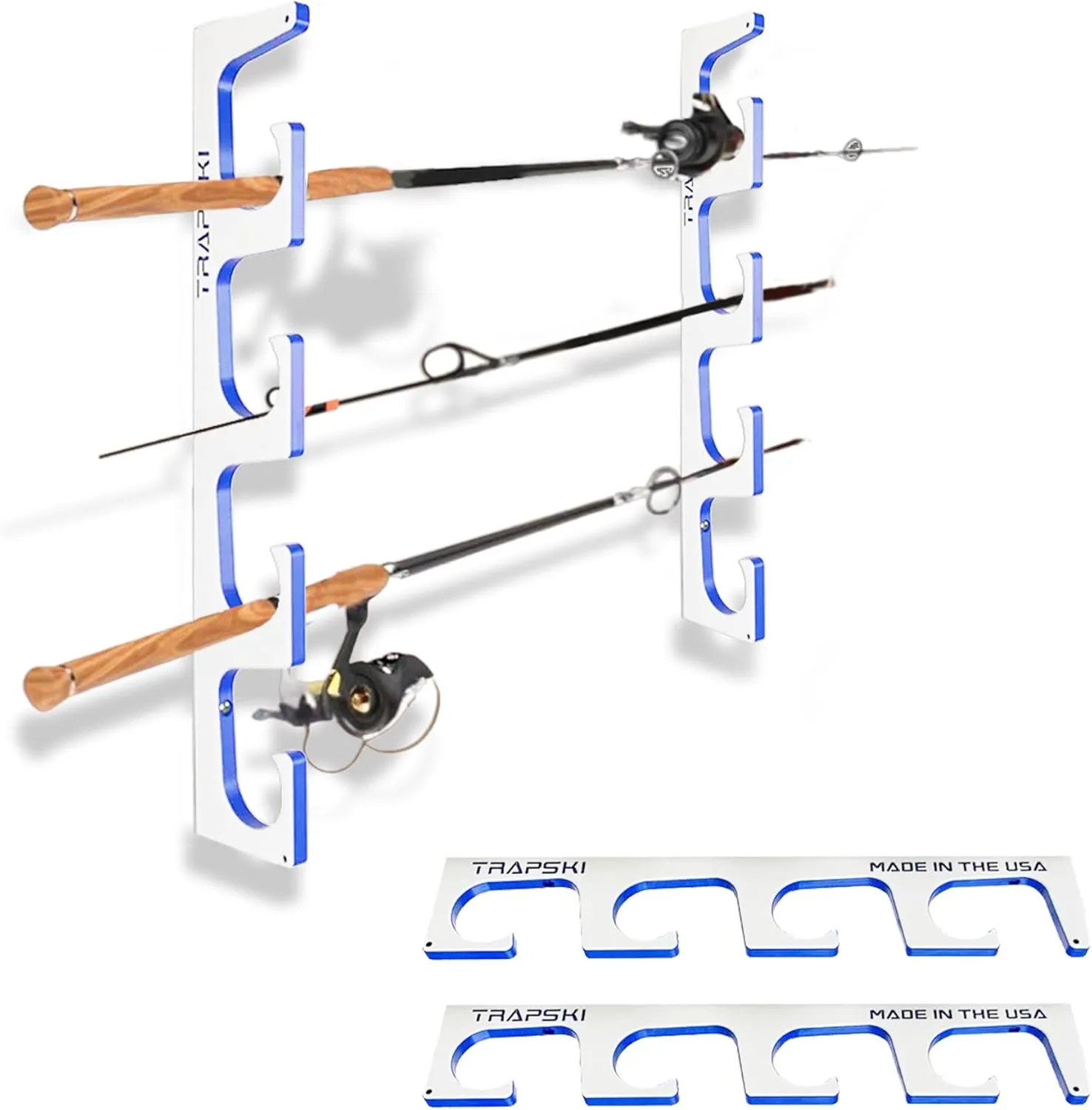 TRAPSKI Made in the USA Premium Fishing Rod/Pole Holder Rack Organizer | Wall or Boat Mounting Fishing Rod Rack | Marine Grade HDPE Plastic | Holder for up to 4 Rods | Stackable