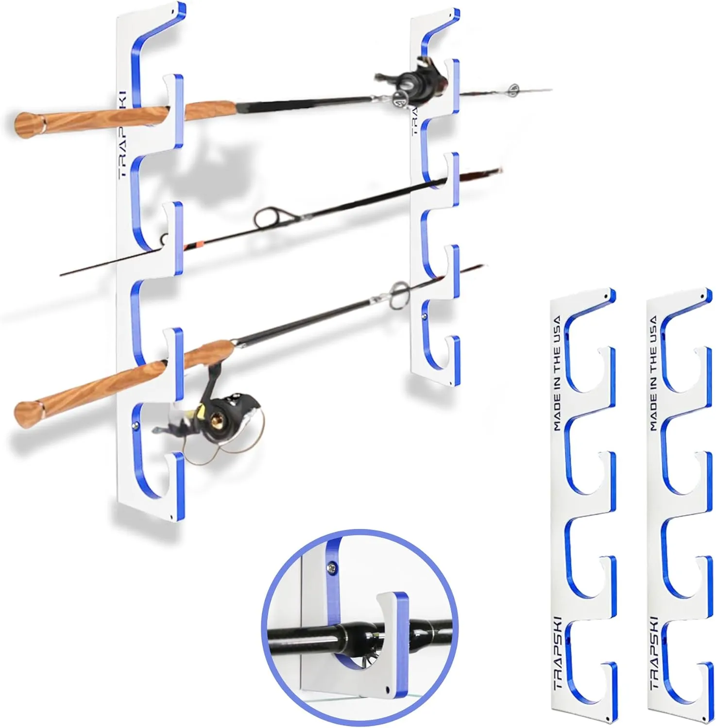 TRAPSKI Made in the USA Premium Fishing Rod/Pole Holder Rack Organizer | Wall or Boat Mounting Fishing Rod Rack | Marine Grade HDPE Plastic | Holder for up to 4 Rods | Stackable