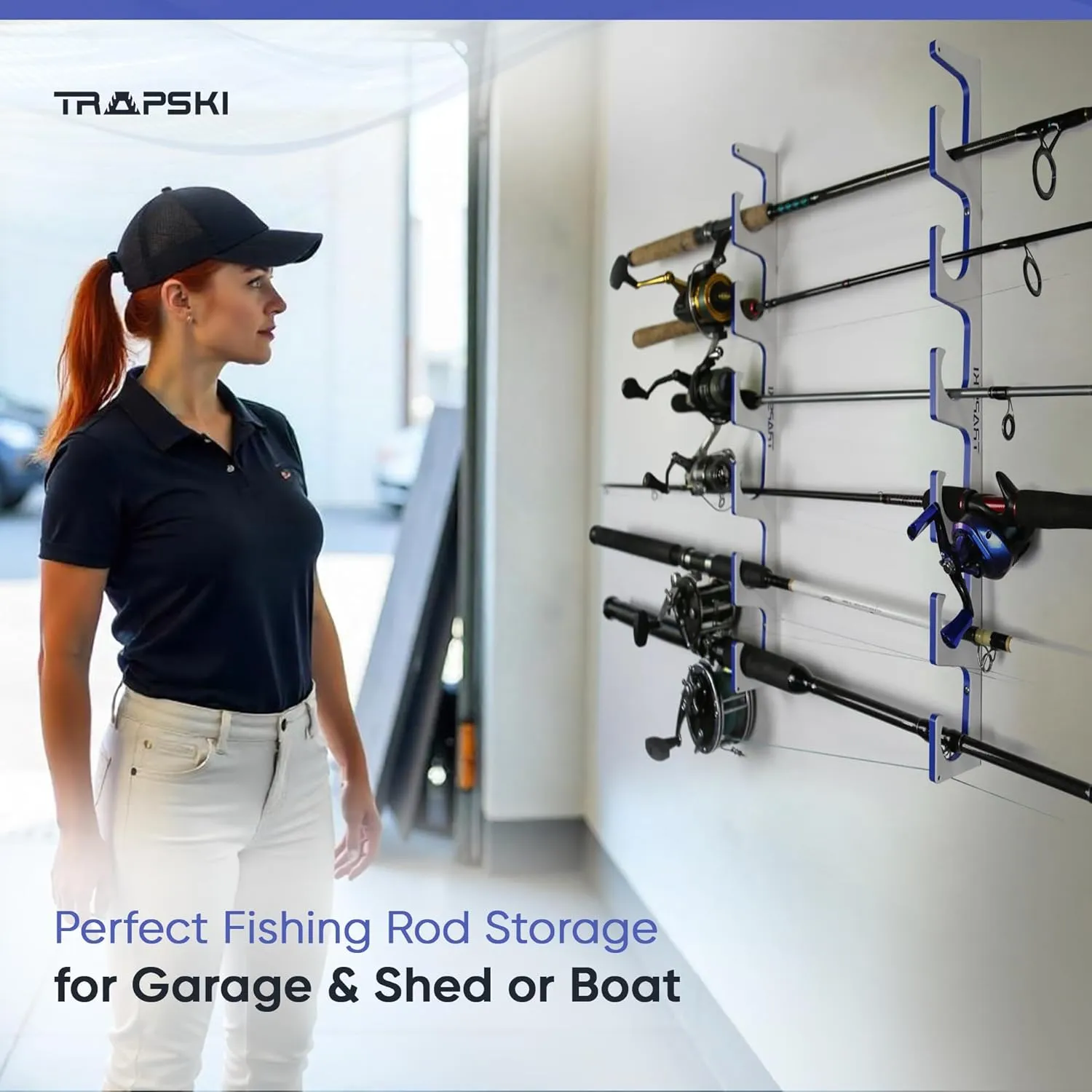 TRAPSKI Made in the USA Premium Fishing Rod/Pole Holder Rack Organizer | Wall or Boat Mounting Fishing Rod Rack | Marine Grade HDPE Plastic | Holder for up to 4 Rods | Stackable