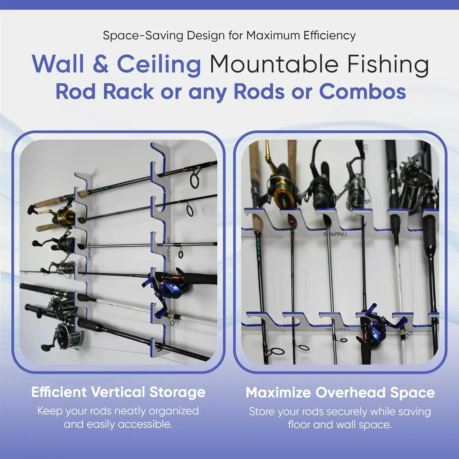TRAPSKI Made in the USA Premium Fishing Rod/Pole Holder Rack Organizer | Wall or Ceiling Mounted Fishing Rod Rack | Marine Grade HDPE Plastic | Pole Holder for 6 or 12   Stackable