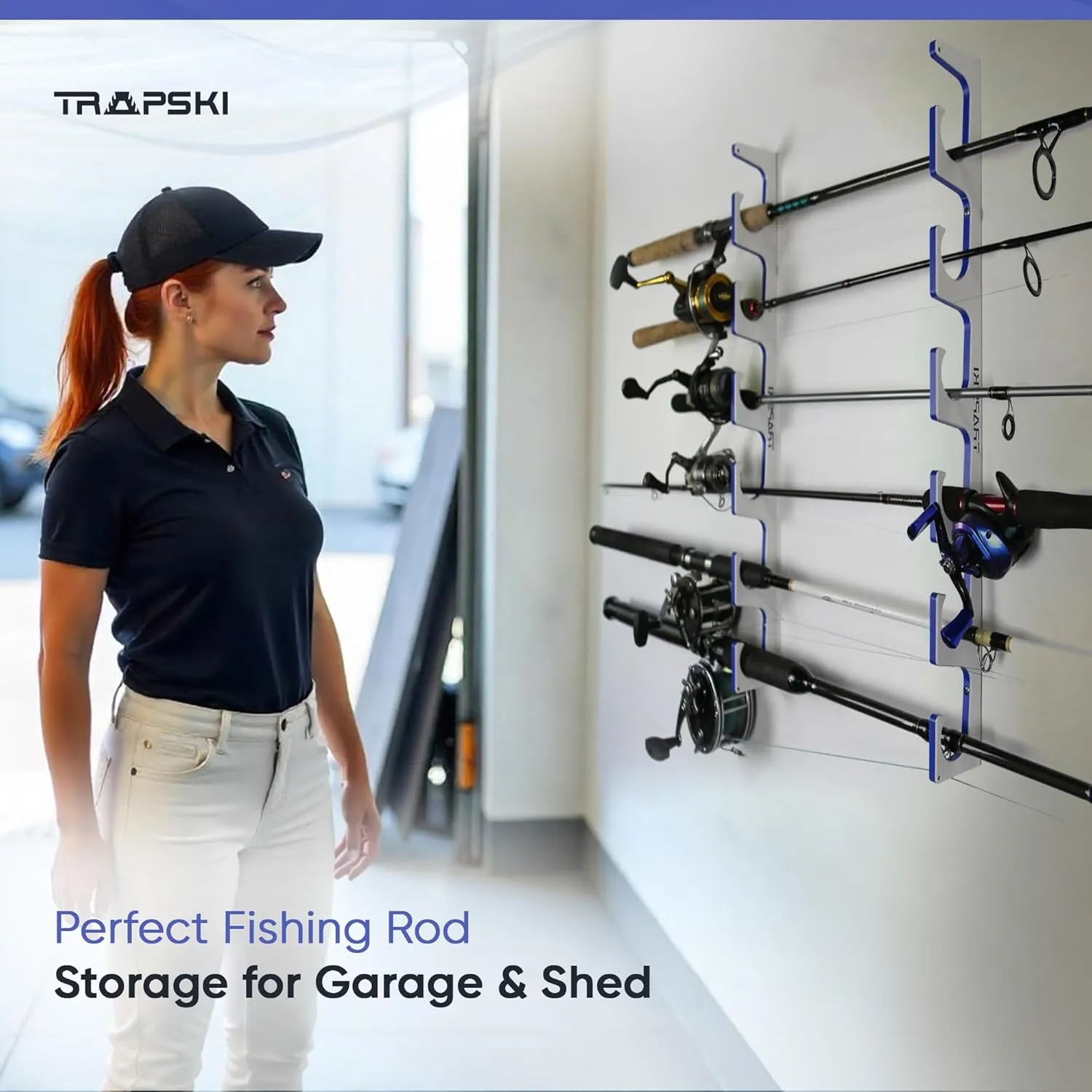 TRAPSKI Made in the USA Premium Fishing Rod/Pole Holder Rack Organizer | Wall or Ceiling Mounted Fishing Rod Rack | Marine Grade HDPE Plastic | Pole Holder for 6 or 12   Stackable