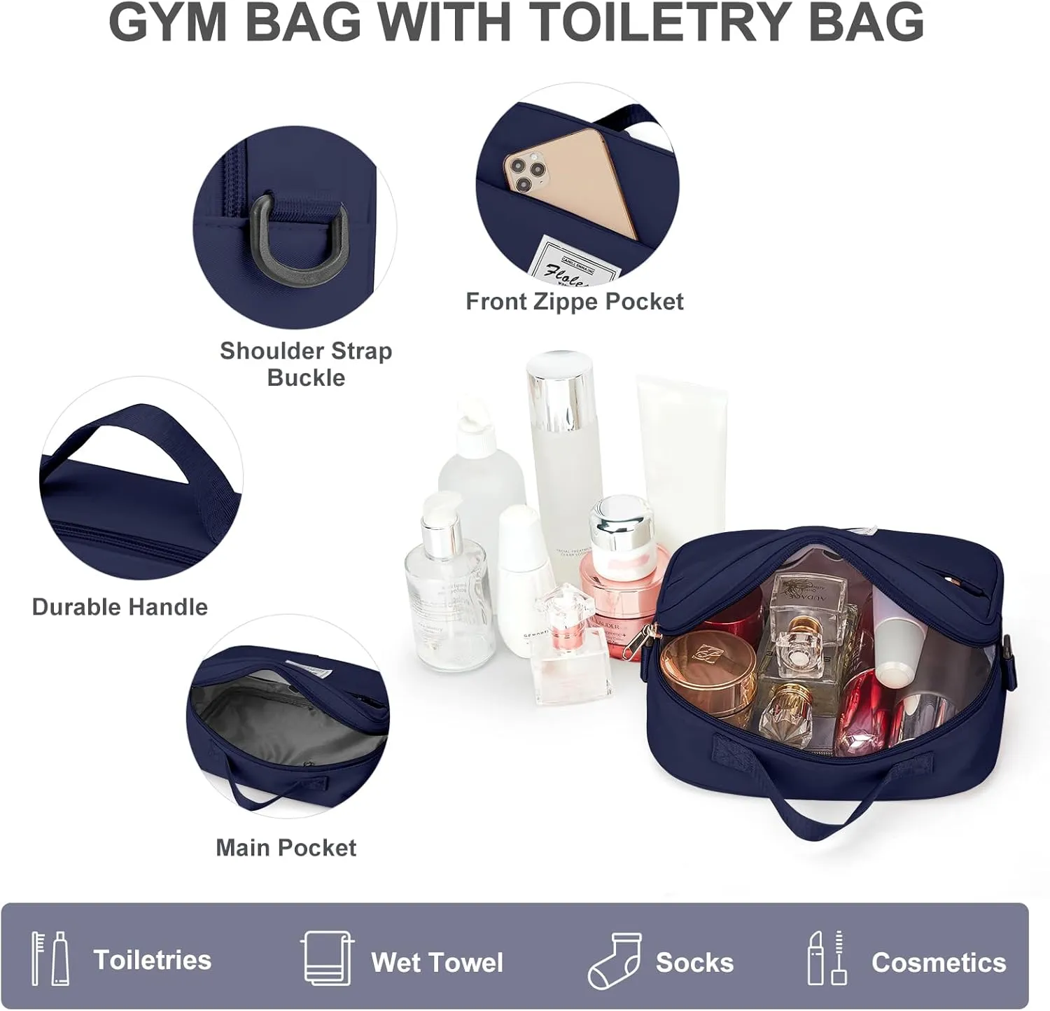 Travel Bags for Women, Weekender Overnight Bag with Toiletry Bag, Carry On Travel Tote Bag Duffel Bag,Gym Bag with Wet Pocket & Trolley Sleeve,NavyBlue