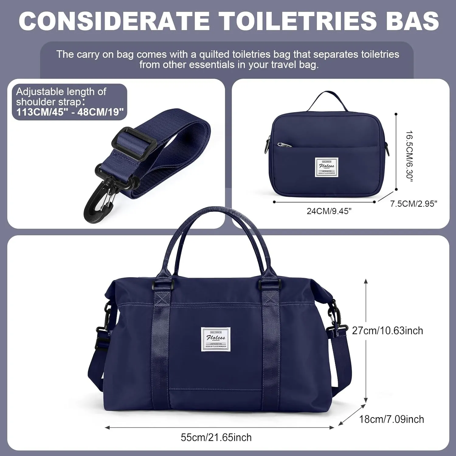 Travel Bags for Women, Weekender Overnight Bag with Toiletry Bag, Carry On Travel Tote Bag Duffel Bag,Gym Bag with Wet Pocket & Trolley Sleeve,NavyBlue