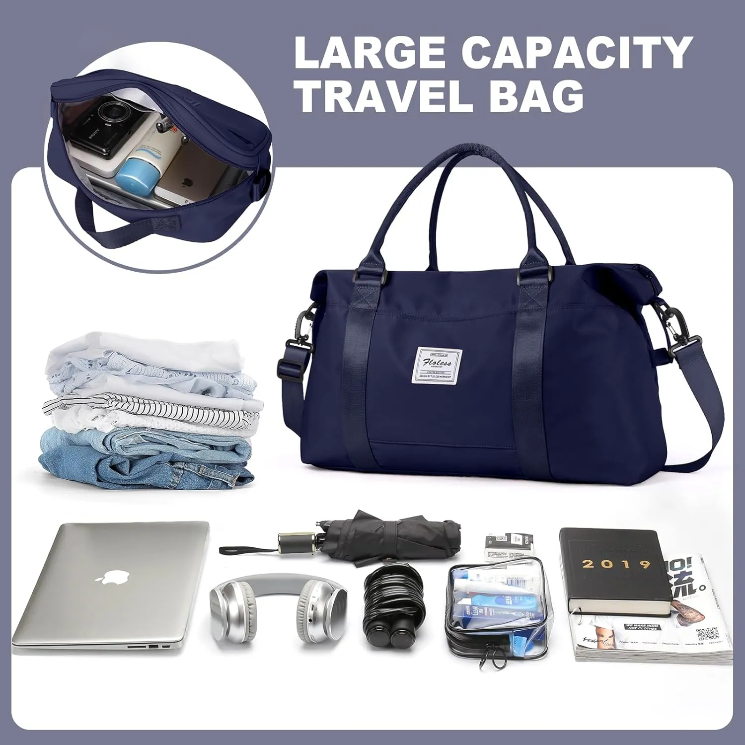 Travel Bags for Women, Weekender Overnight Bag with Toiletry Bag, Carry On Travel Tote Bag Duffel Bag,Gym Bag with Wet Pocket & Trolley Sleeve,NavyBlue