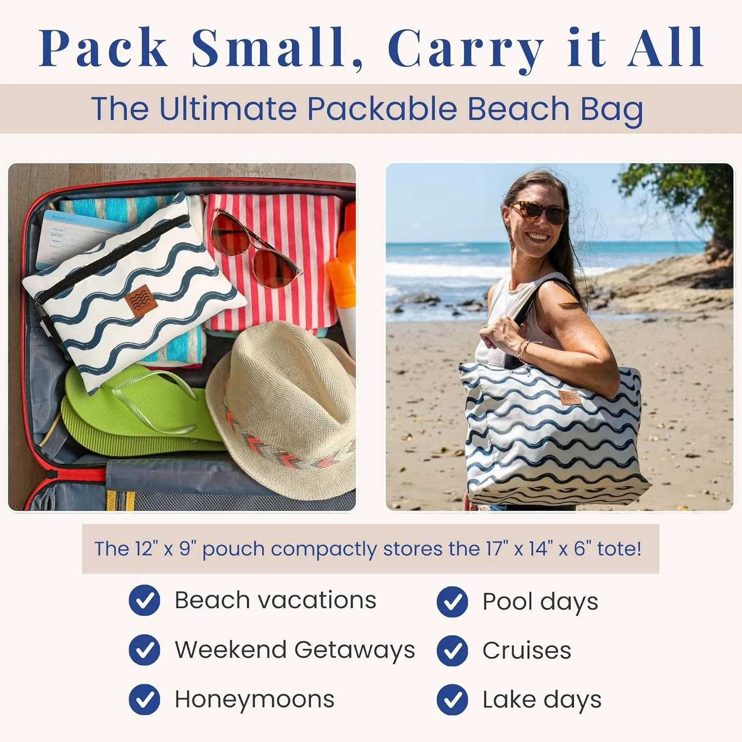 Travel Beach Bag Packable Beach Bag Tote for Pool Lake Cruise Essentials for Women, Foldable Travel Tote for Women