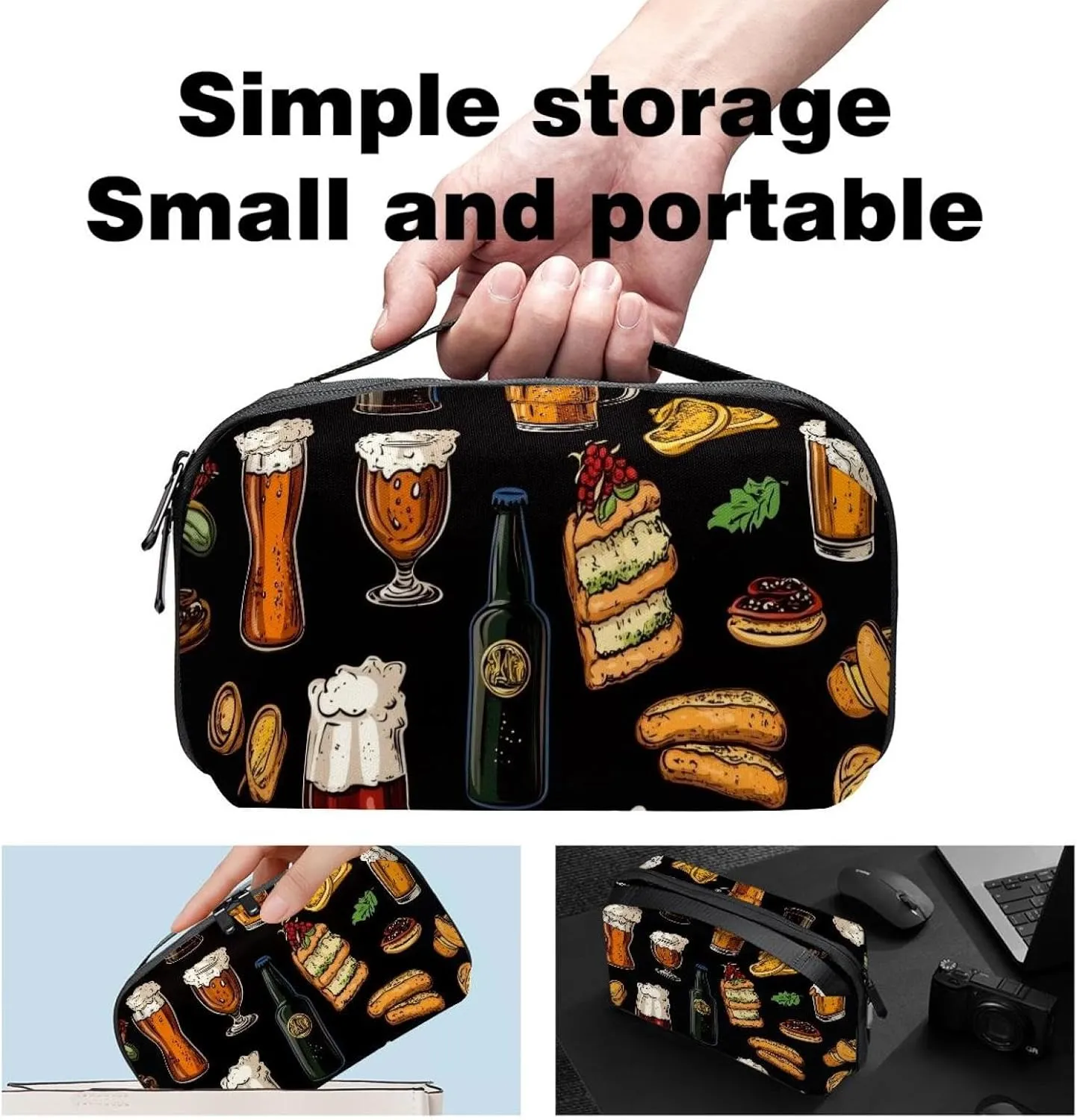 Travel Electronic Organizer, Glasses and Bottles with Snacks on Black Background Portable Tech Bag, Electronic Accessories Pouch, Waterproof Cable Case for Charger Power Bank USB SD Card Earphone