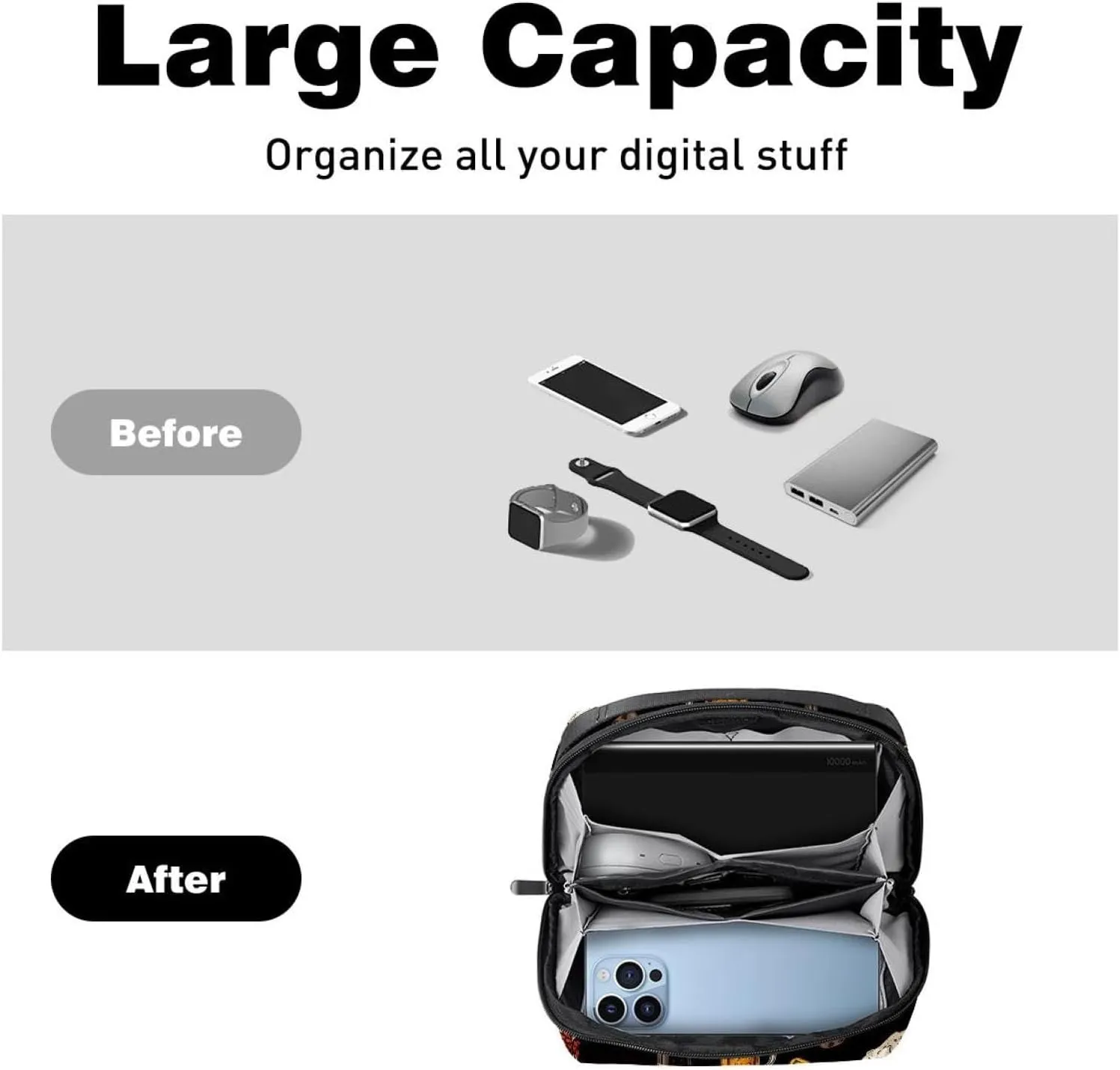 Travel Electronic Organizer, Glasses and Bottles with Snacks on Black Background Portable Tech Bag, Electronic Accessories Pouch, Waterproof Cable Case for Charger Power Bank USB SD Card Earphone