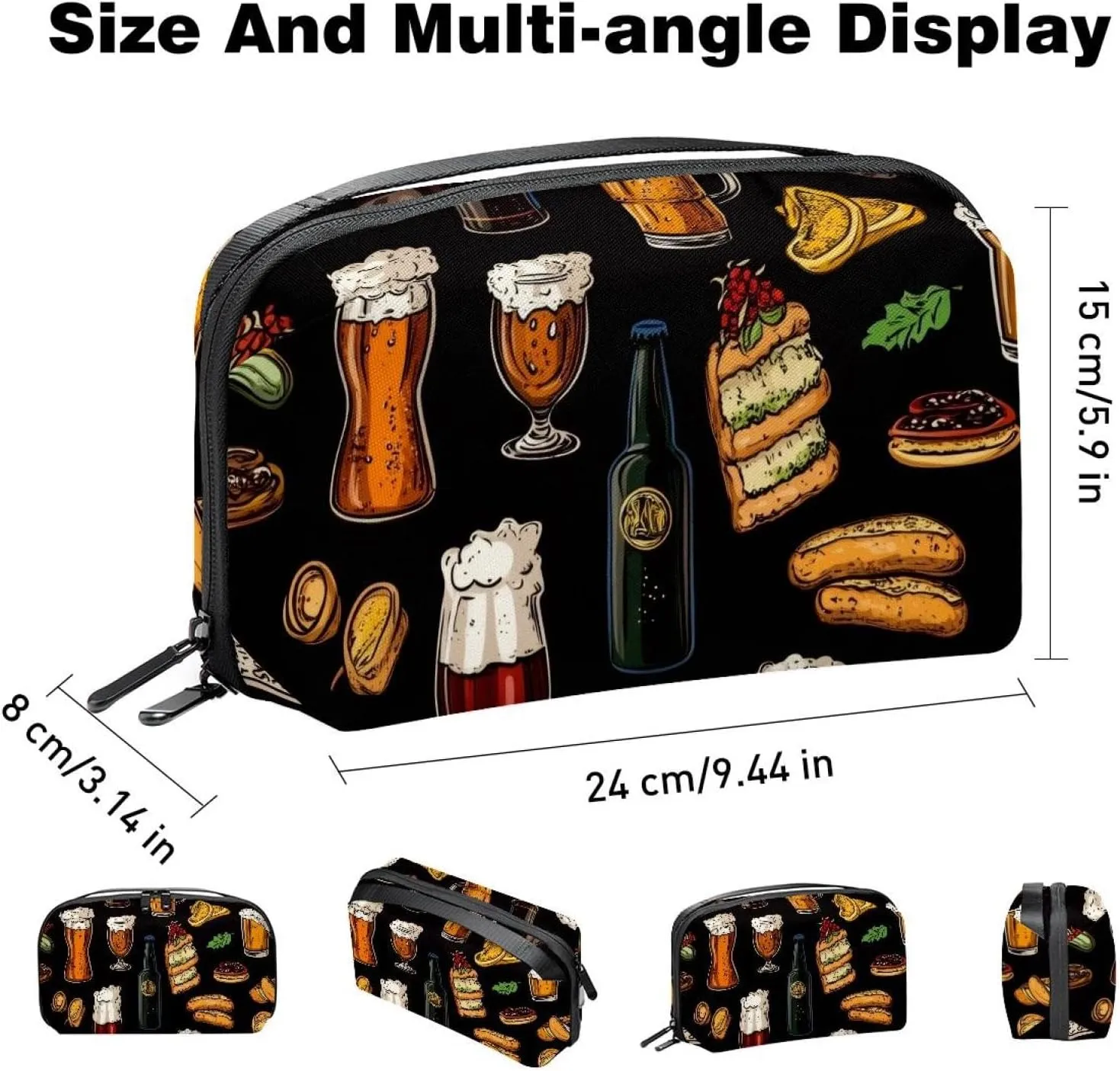 Travel Electronic Organizer, Glasses and Bottles with Snacks on Black Background Portable Tech Bag, Electronic Accessories Pouch, Waterproof Cable Case for Charger Power Bank USB SD Card Earphone