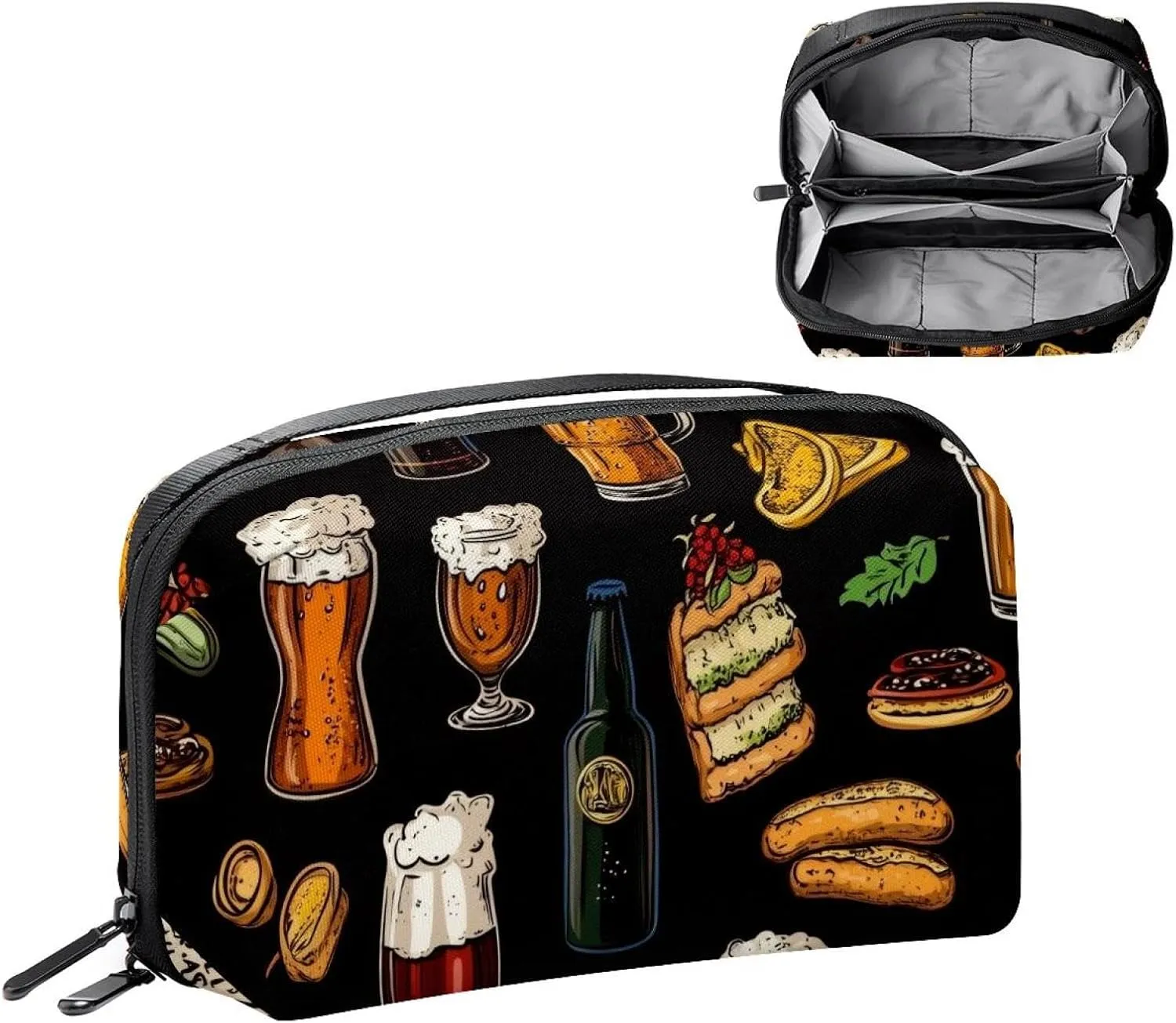 Travel Electronic Organizer, Glasses and Bottles with Snacks on Black Background Portable Tech Bag, Electronic Accessories Pouch, Waterproof Cable Case for Charger Power Bank USB SD Card Earphone