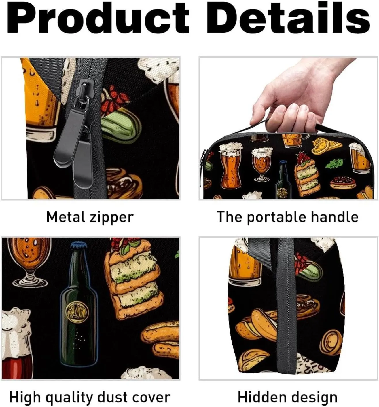 Travel Electronic Organizer, Glasses and Bottles with Snacks on Black Background Portable Tech Bag, Electronic Accessories Pouch, Waterproof Cable Case for Charger Power Bank USB SD Card Earphone