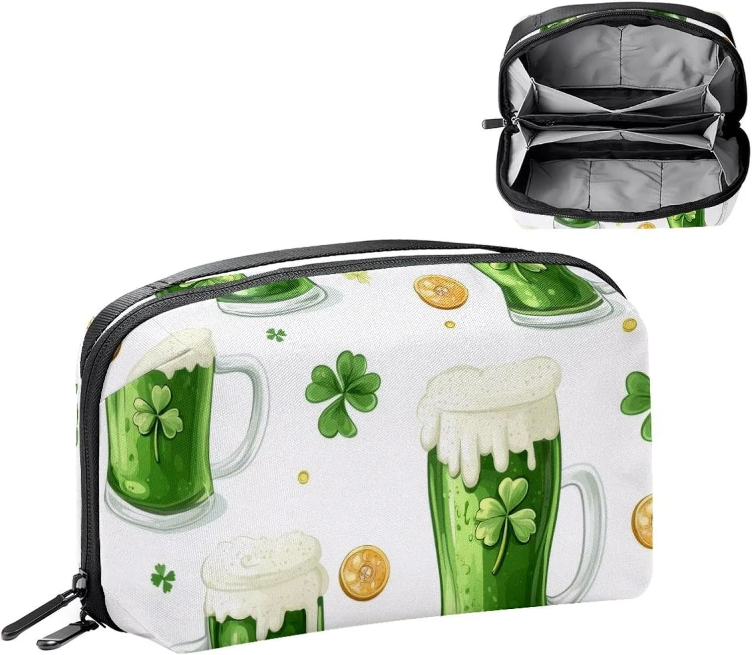 Travel Electronic Organizer, Glasses of Green Beer Clover Leaves and Gold Coins Portable Tech Bag, Electronic Accessories Pouch, Waterproof Cable Case for Charger Power Bank USB SD Card Earphone