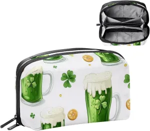 Travel Electronic Organizer, Glasses of Green Beer Clover Leaves and Gold Coins Portable Tech Bag, Electronic Accessories Pouch, Waterproof Cable Case for Charger Power Bank USB SD Card Earphone