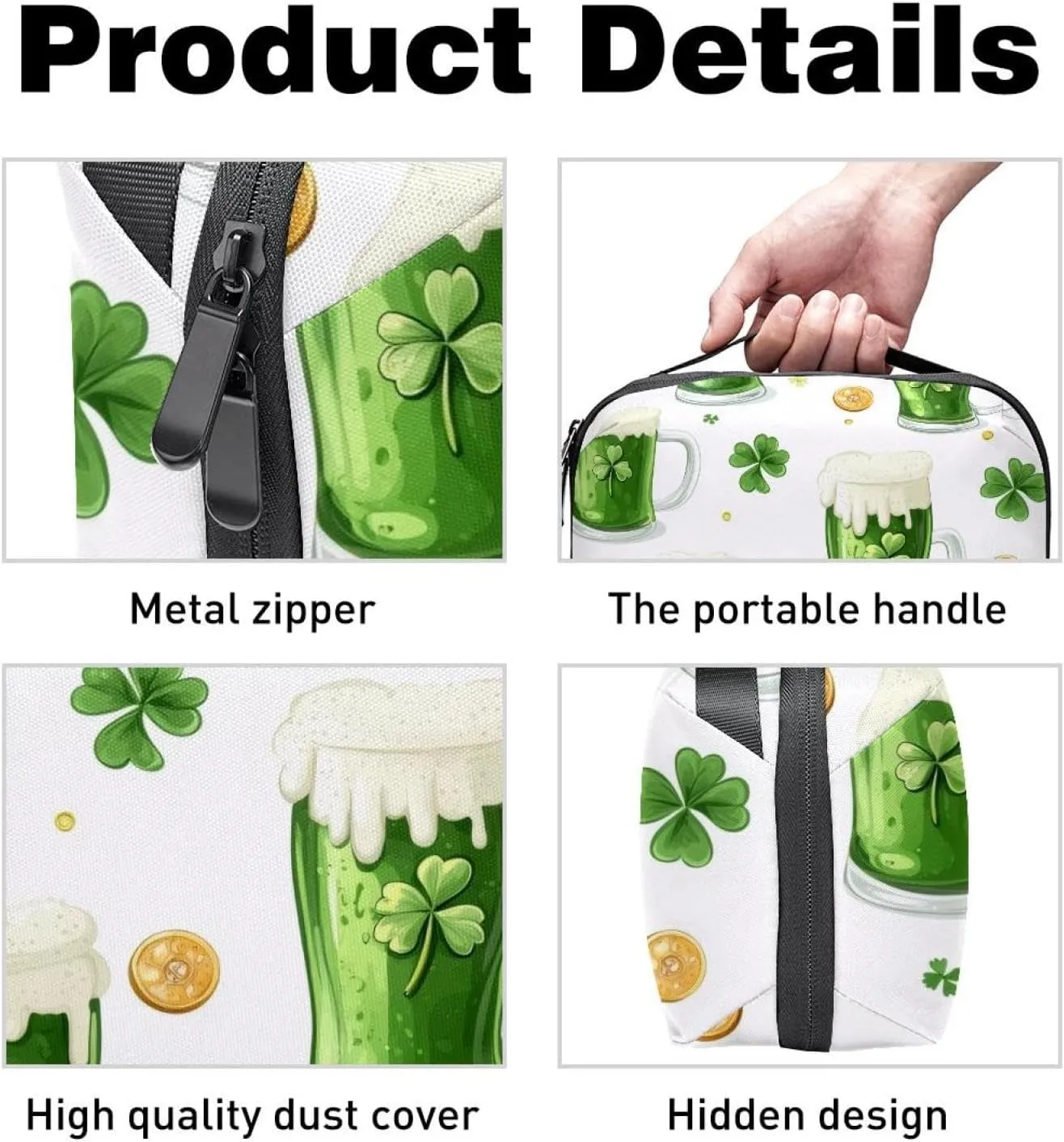 Travel Electronic Organizer, Glasses of Green Beer Clover Leaves and Gold Coins Portable Tech Bag, Electronic Accessories Pouch, Waterproof Cable Case for Charger Power Bank USB SD Card Earphone