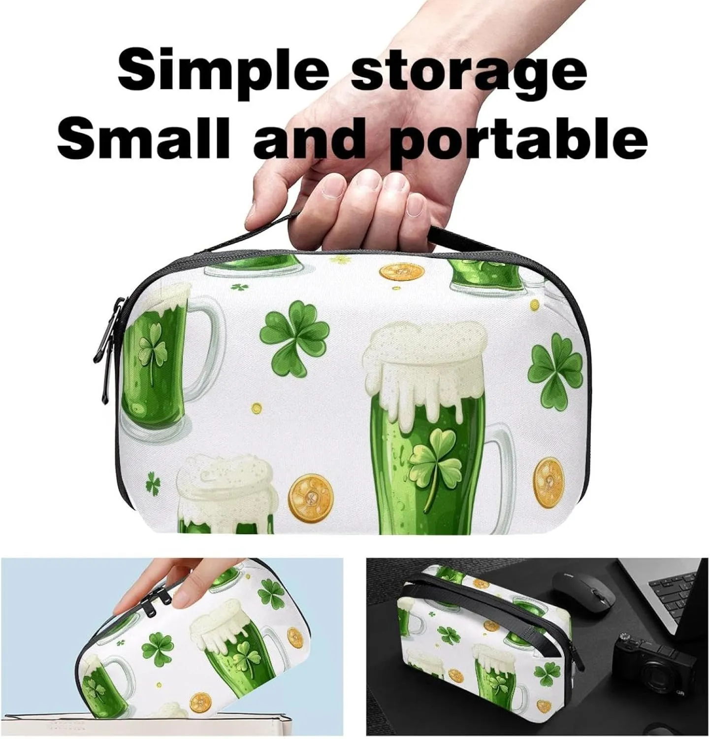 Travel Electronic Organizer, Glasses of Green Beer Clover Leaves and Gold Coins Portable Tech Bag, Electronic Accessories Pouch, Waterproof Cable Case for Charger Power Bank USB SD Card Earphone