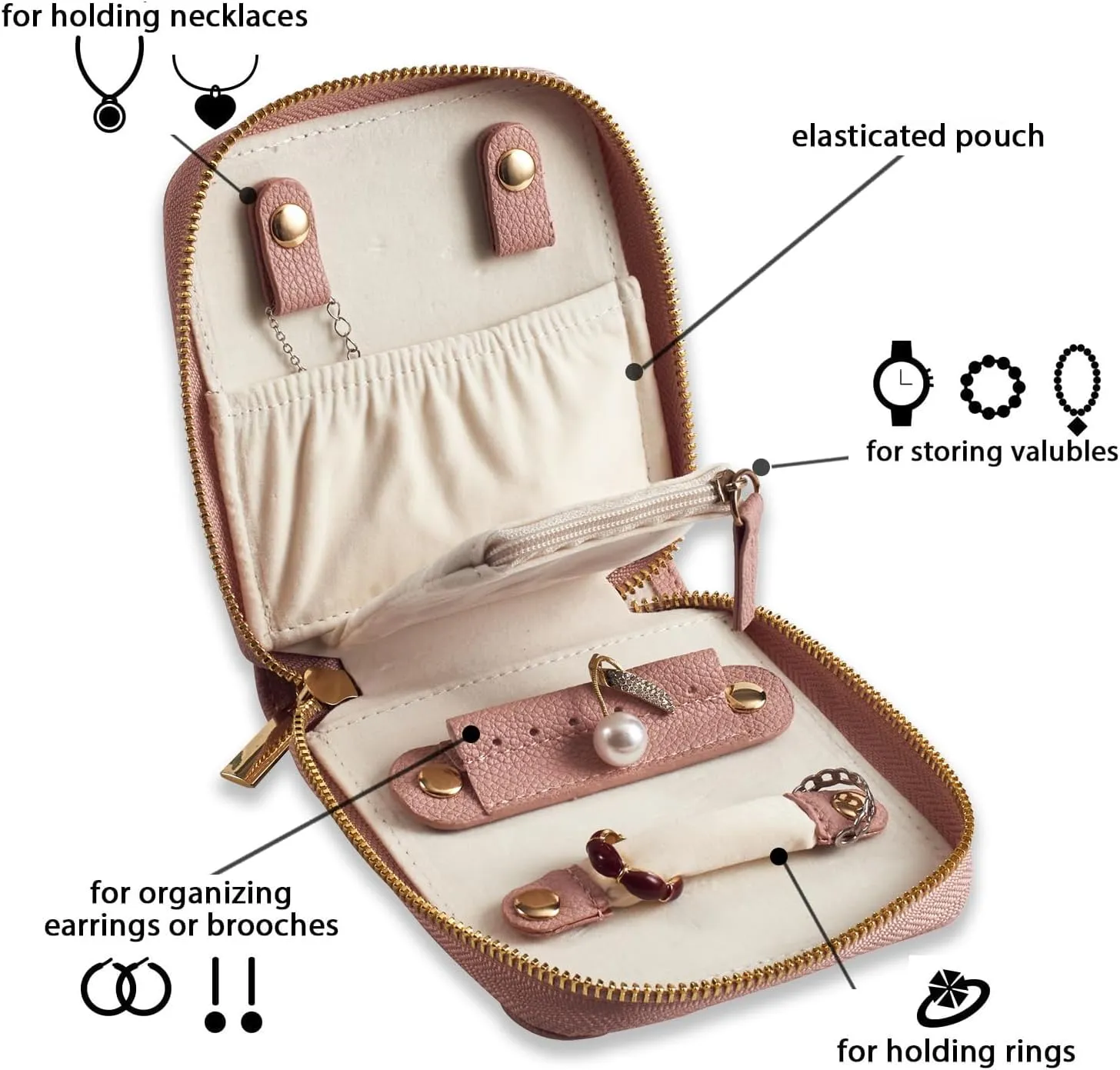 Travel Jewelry Organizer Case - for Tangle-Free Necklaces, Earrings, Rings, Bracelets Storage, Travel Essentials, Fashion Portable Jewelry Travel bags for Women - Small Macaron Pink