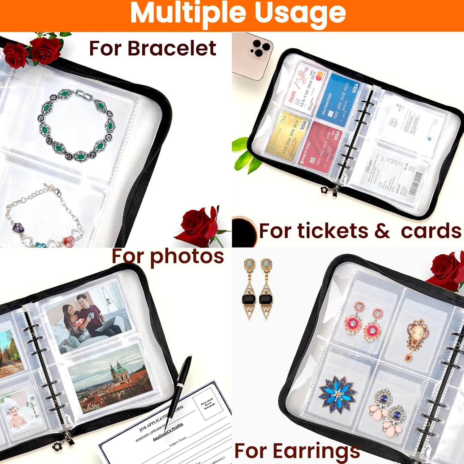 Travel Jewelry Organizer Case -Initial Jewelry Storage Book Jewelry Bags for Earring Necklace Bracelet Holder with 128 Pockets, Jewelry Travel Case With PVC Pouches Personalised Gifts for Women, M