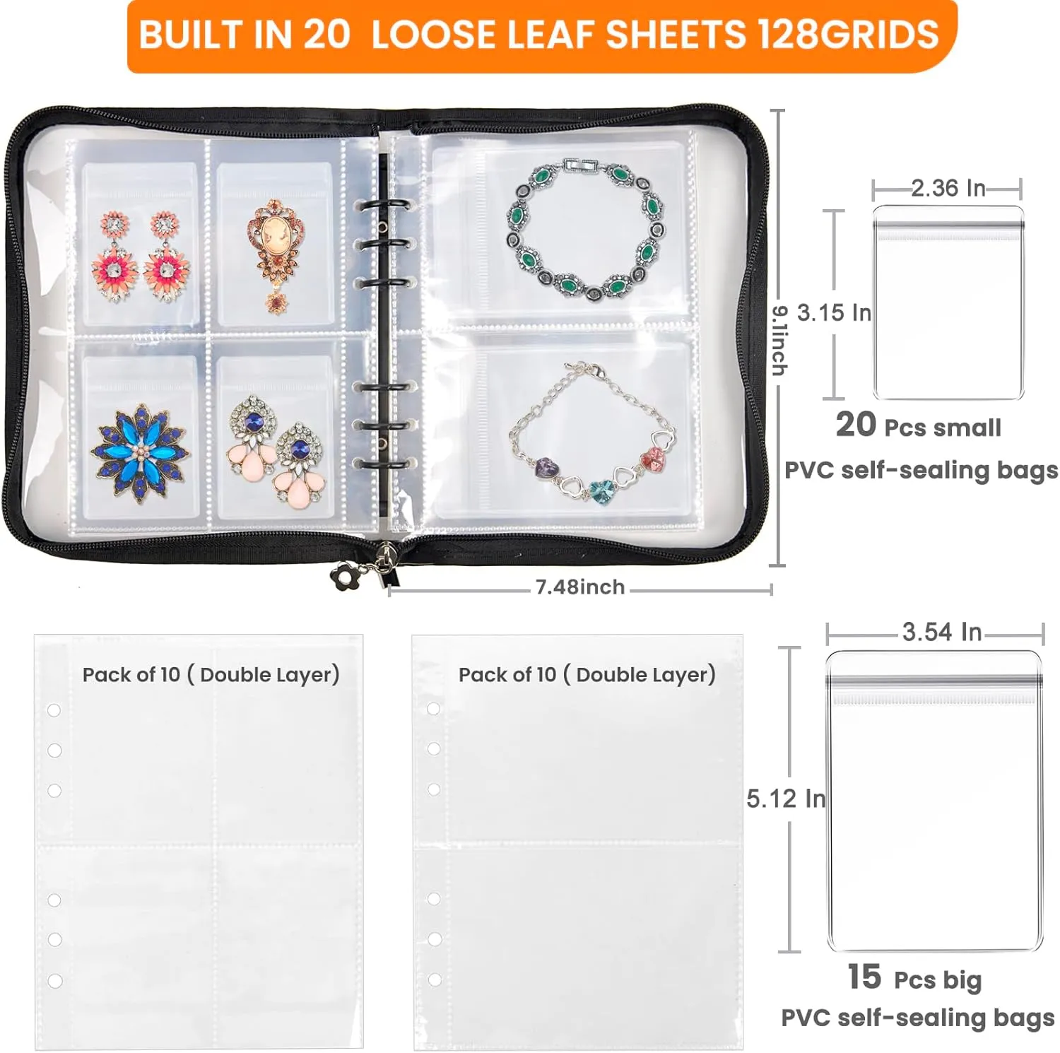 Travel Jewelry Organizer Case -Initial Jewelry Storage Book Jewelry Bags for Earring Necklace Bracelet Holder with 128 Pockets, Jewelry Travel Case With PVC Pouches Personalised Gifts for Women, M