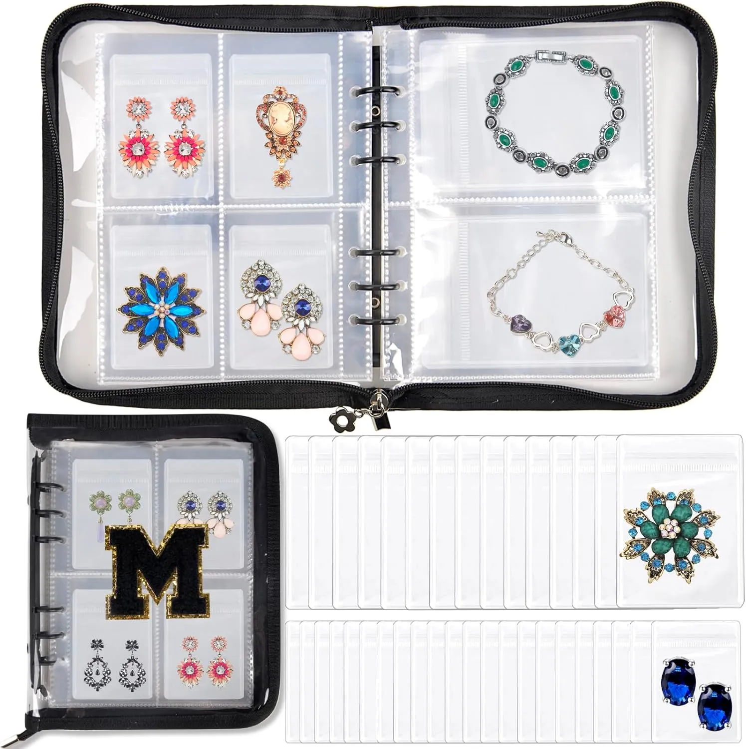 Travel Jewelry Organizer Case -Initial Jewelry Storage Book Jewelry Bags for Earring Necklace Bracelet Holder with 128 Pockets, Jewelry Travel Case With PVC Pouches Personalised Gifts for Women, M