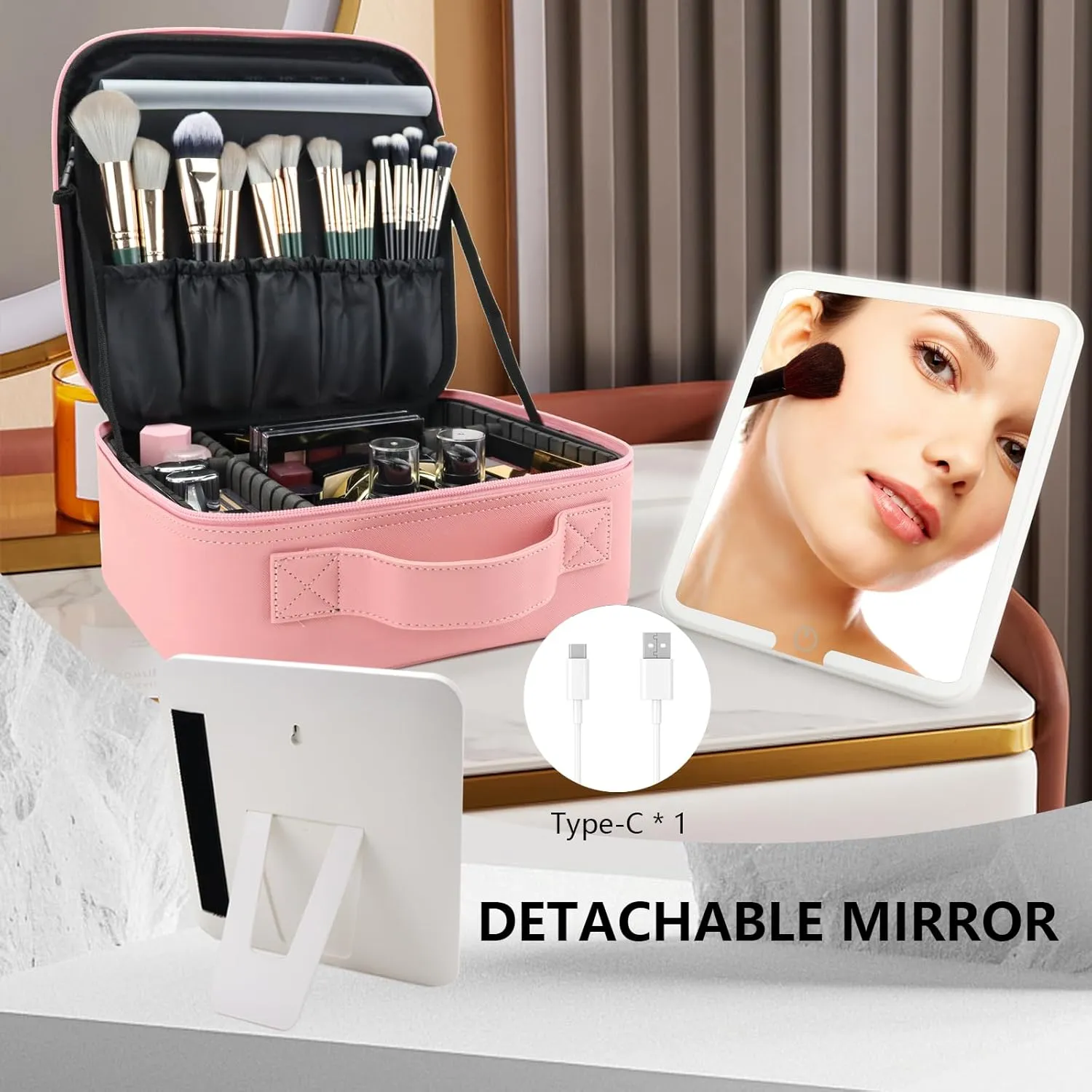 Travel Makeup Bag with LED Mirror Travel Makeup Organizer with 3 Lighted Settings, Adjustable Dividers and Makeup Brush Storage Bag Pink