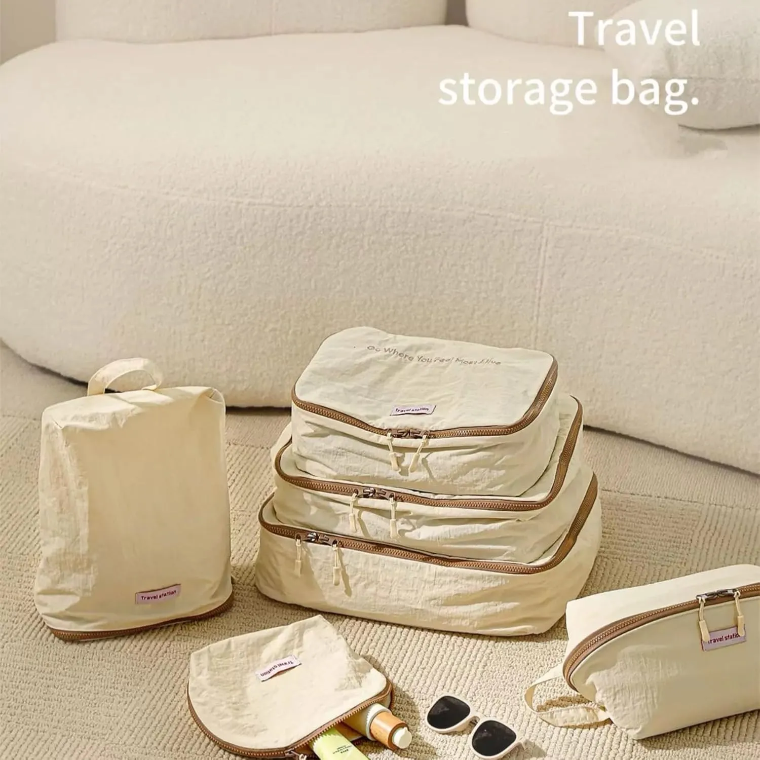 Travel Packing Cubes, Dorm Essential 6-Size Luggage Organizers Set, Waterproof Wrinkle-Free Bags for Clothes Underwear (white,Pack,2 Set :M L storage bag)