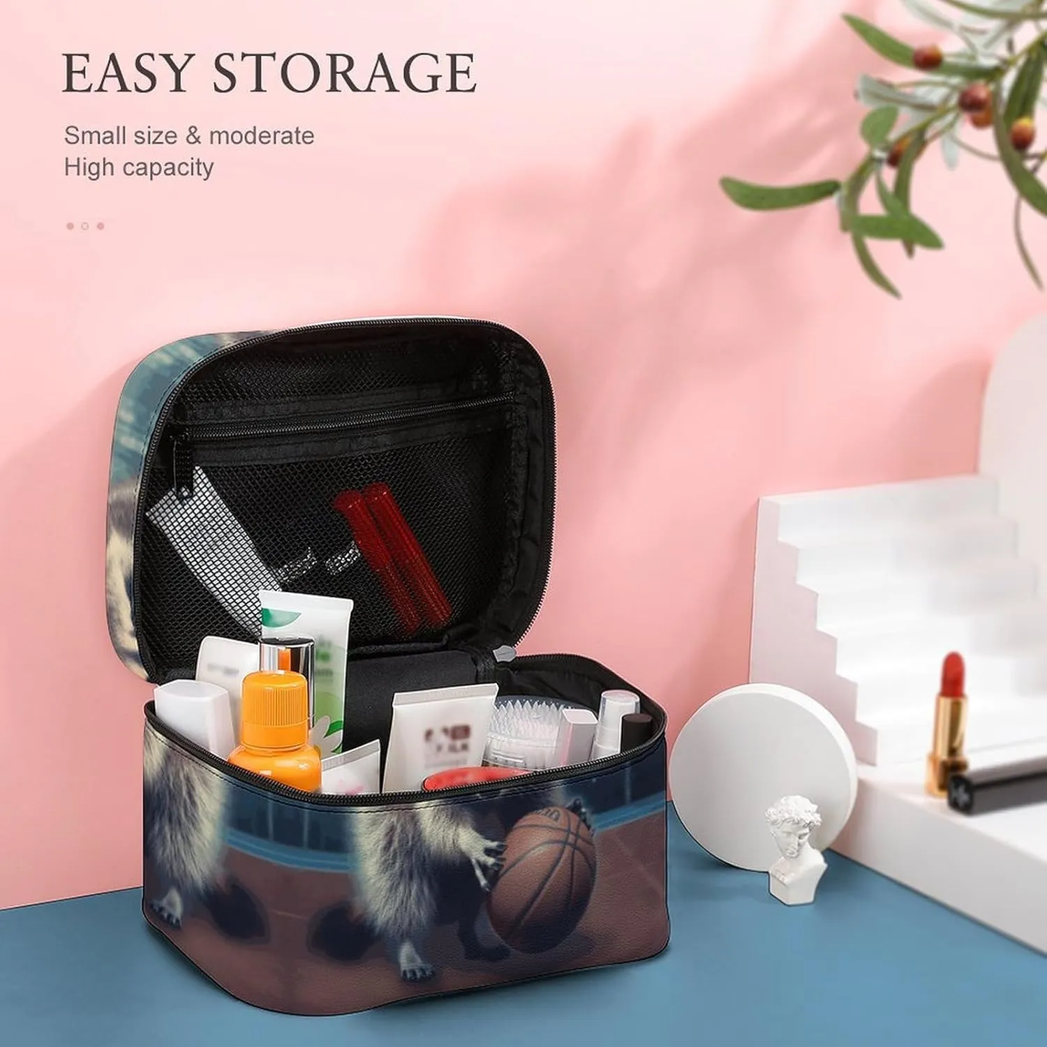 Travel Toiletry Bag for Women And Men,Funny Raccoon Basketball Toiletry Organizer, Makeup Bag Travel Organizer for Shampoo,Toiletries