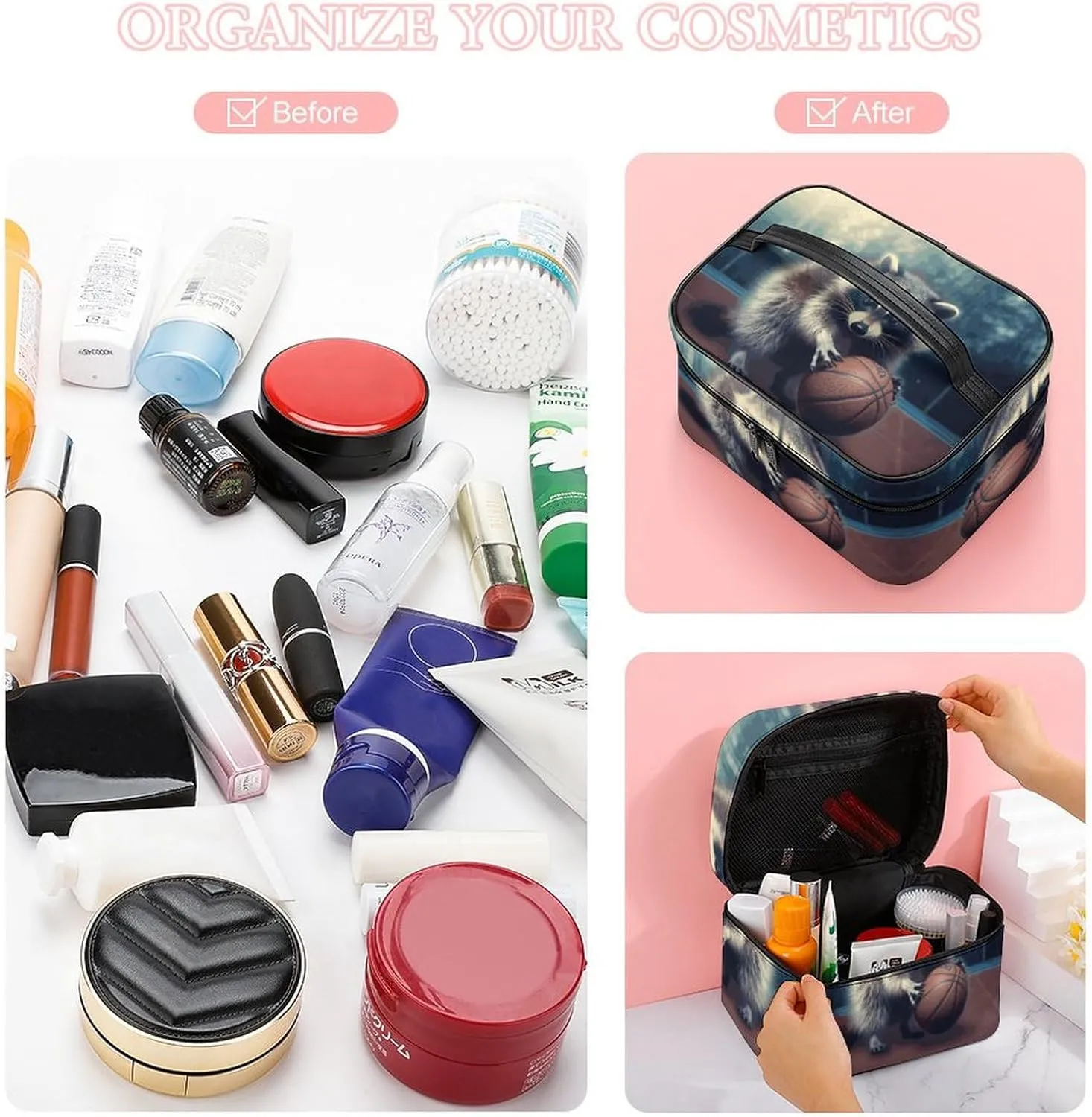 Travel Toiletry Bag for Women And Men,Funny Raccoon Basketball Toiletry Organizer, Makeup Bag Travel Organizer for Shampoo,Toiletries