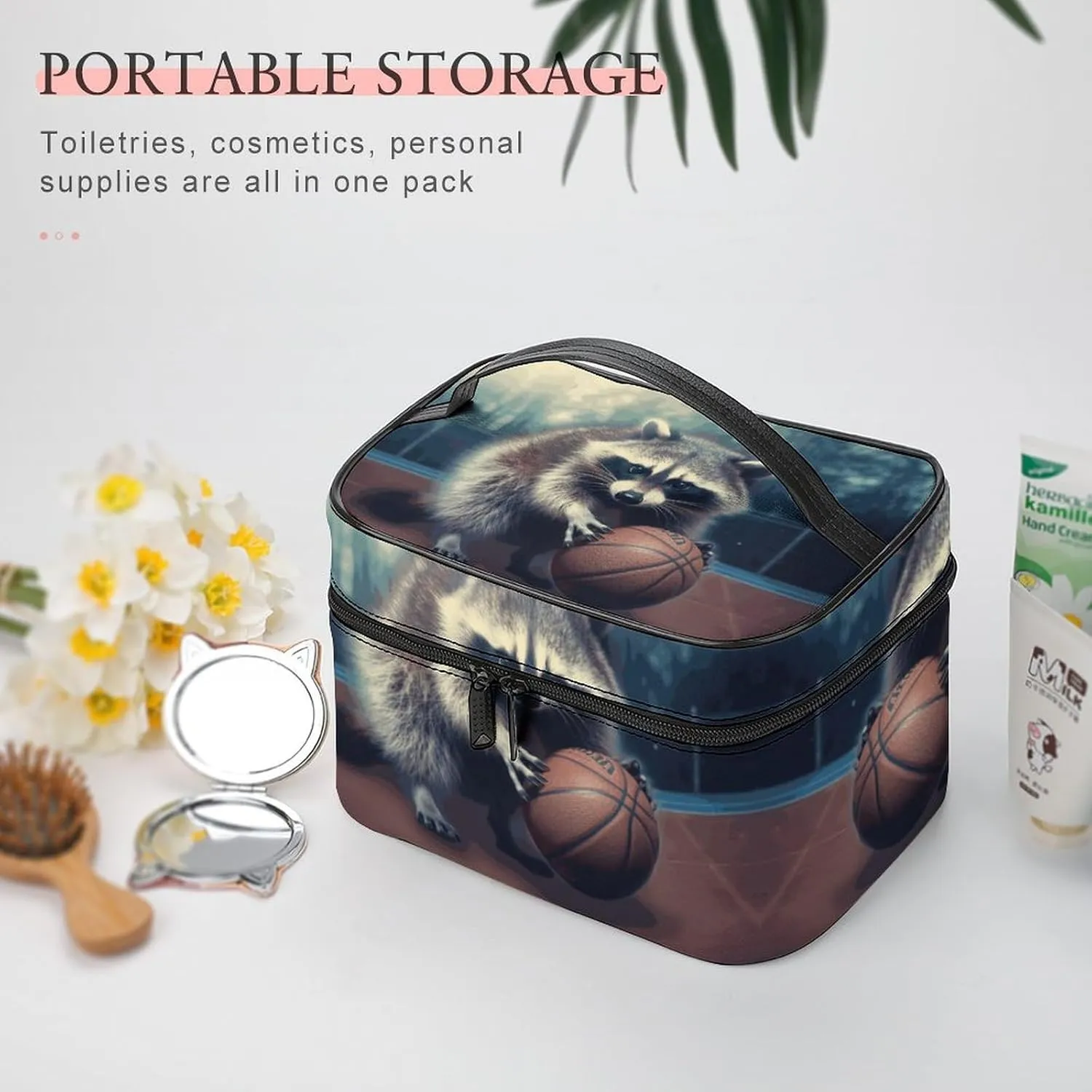 Travel Toiletry Bag for Women And Men,Funny Raccoon Basketball Toiletry Organizer, Makeup Bag Travel Organizer for Shampoo,Toiletries