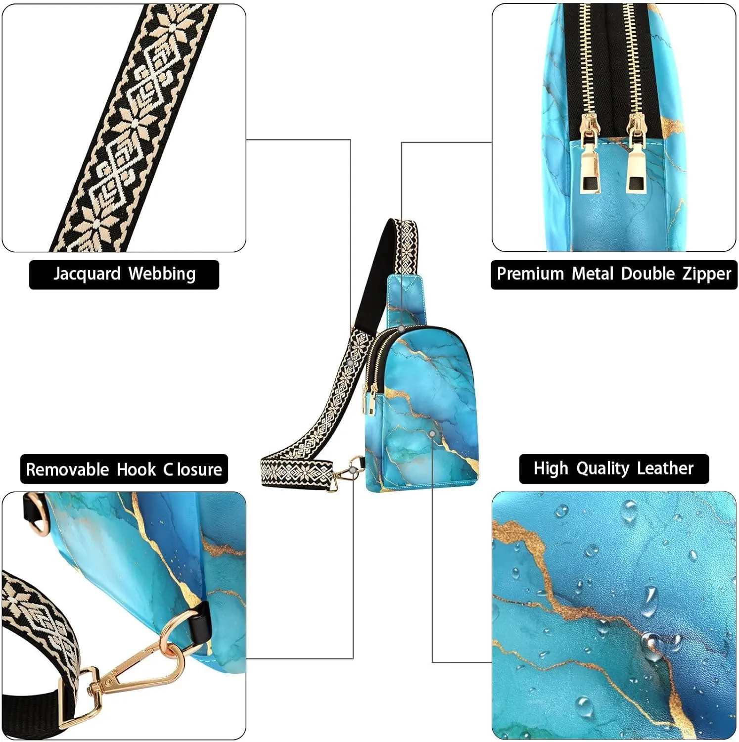 Trendy Marble Turquoise Royal Blue Cross Body Bag Anti-Theft Travel Bags for Women for Hiking