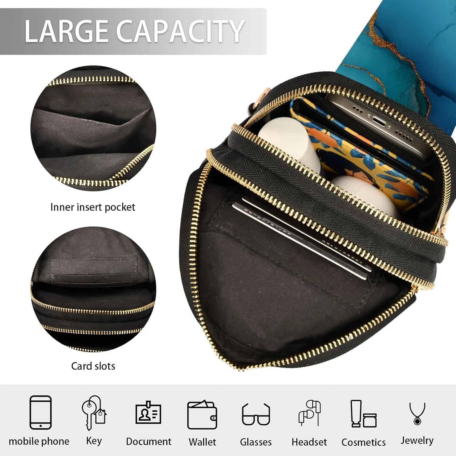 Trendy Marble Turquoise Royal Blue Cross Body Bag Anti-Theft Travel Bags for Women for Hiking