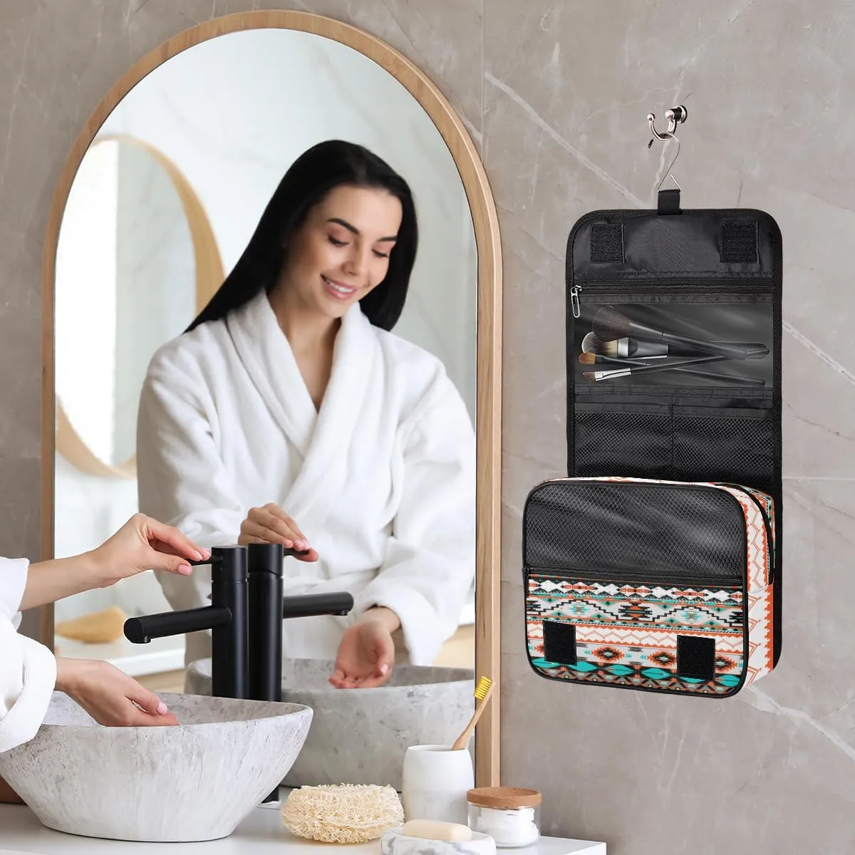 Tribal Ethnic Aztec Makeup Bag Travel Cosmetic Bag with Zipper Pocket and Handle Travel Makeup Organizer Bag Water-resistant Toiletry Bags for Traveling Women Men Ladies Girls
