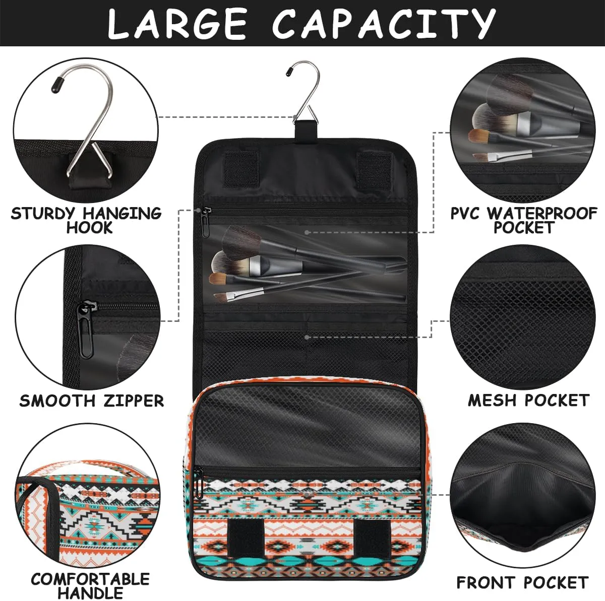 Tribal Ethnic Aztec Makeup Bag Travel Cosmetic Bag with Zipper Pocket and Handle Travel Makeup Organizer Bag Water-resistant Toiletry Bags for Traveling Women Men Ladies Girls
