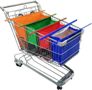Trolley Bags for Shopping Cart-Set of 4 Shopping cart Bags for Groceries with Cooler Bag & Egg/Wine Holder.Eco-Friendly 4 Reusable Grocery Cart Bags/Grocery Tote Bag/Cart Daddy(Orange,Green,Red,Blue)