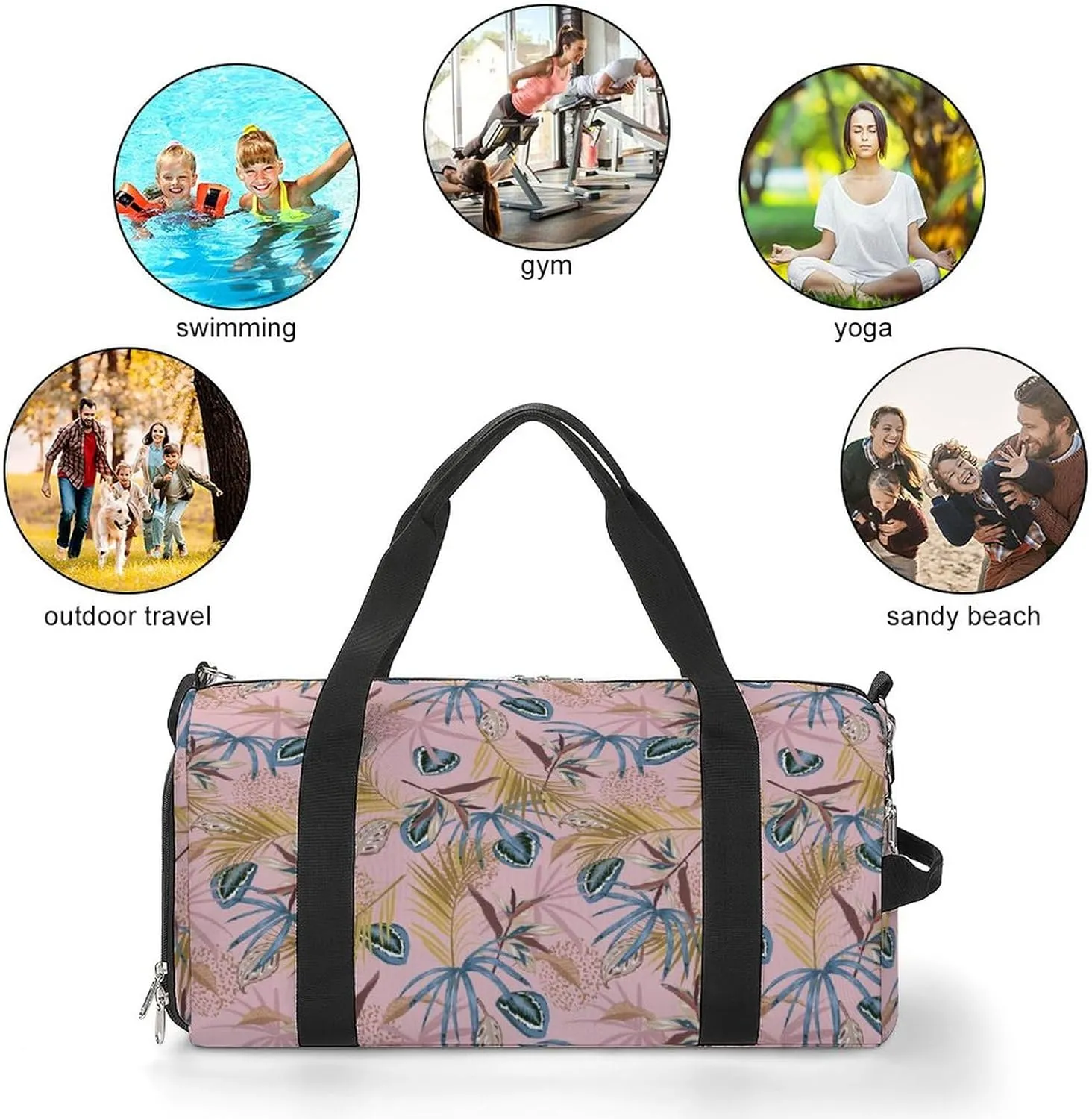 Tropic-foliage Pink Sports Tote Gym Bag for Women Men, Overnight Bag with Shoe Compartment Water Resistant