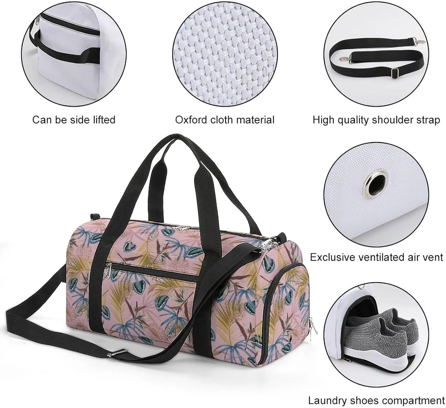Tropic-foliage Pink Sports Tote Gym Bag for Women Men, Overnight Bag with Shoe Compartment Water Resistant