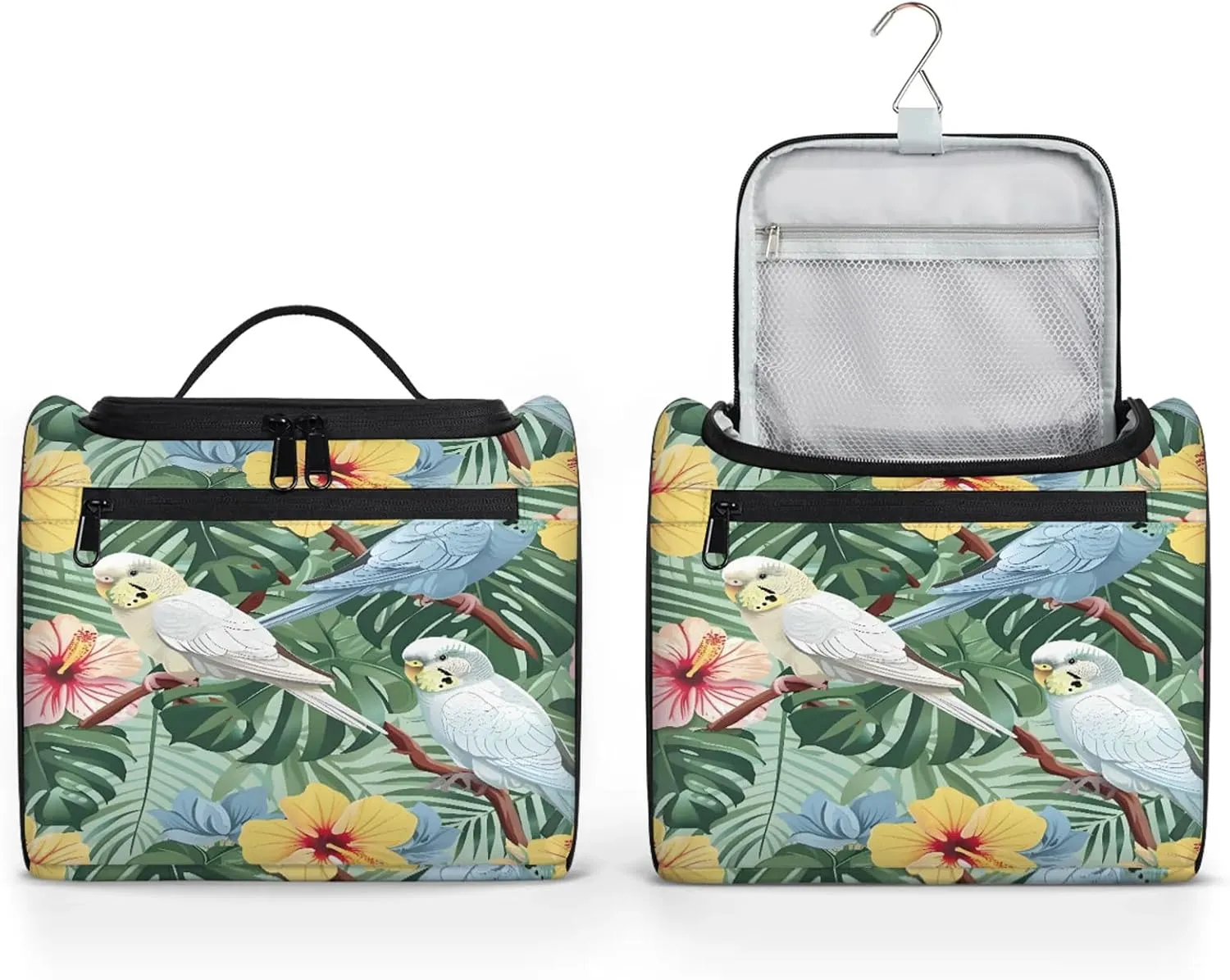 Tropical Bird Palm Leaf Summer Hawaiian Themed Large Makeup Bag Travel Make Up Organizer for Women Girls Cosmetic Bag Organizer With Handle