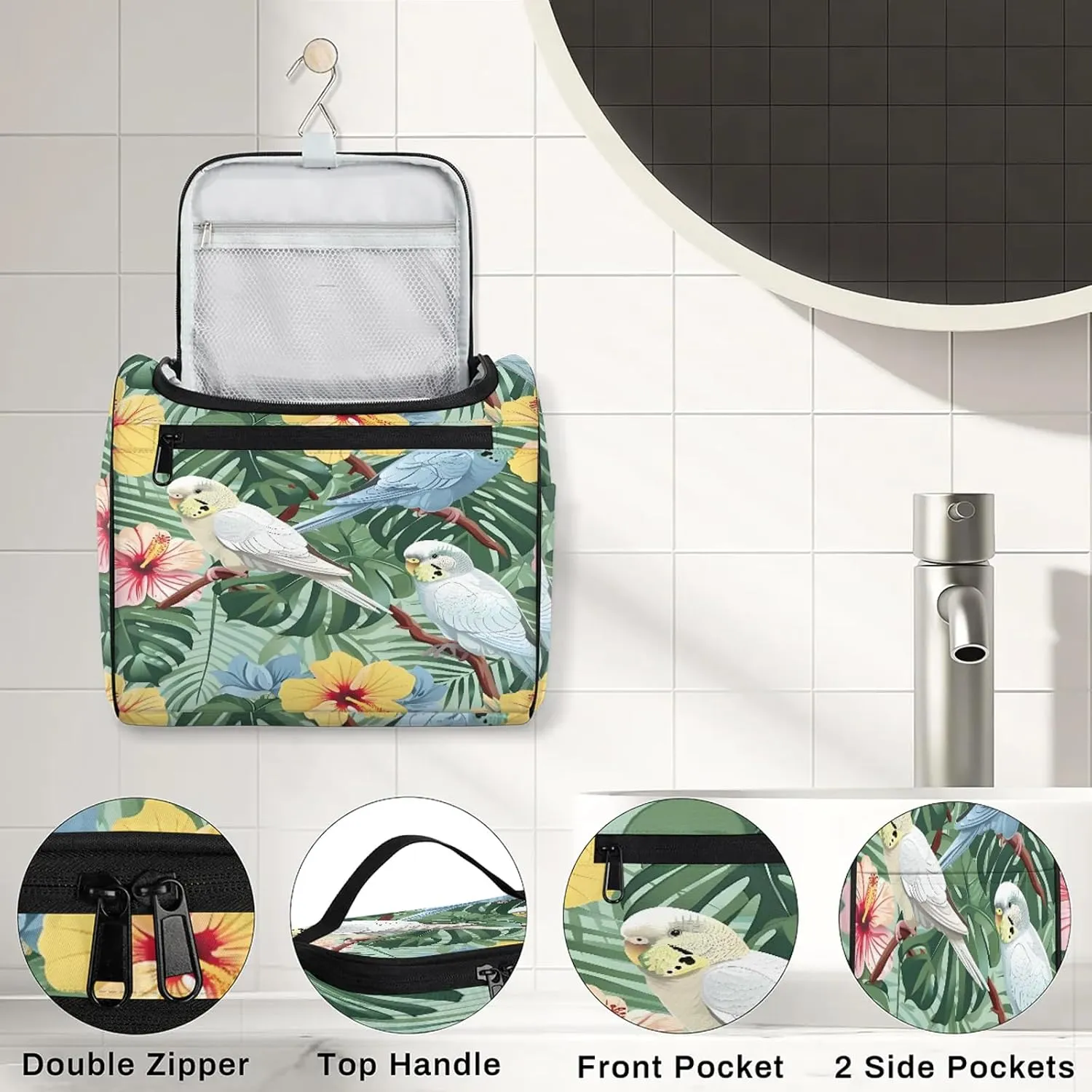 Tropical Bird Palm Leaf Summer Hawaiian Themed Large Makeup Bag Travel Make Up Organizer for Women Girls Cosmetic Bag Organizer With Handle
