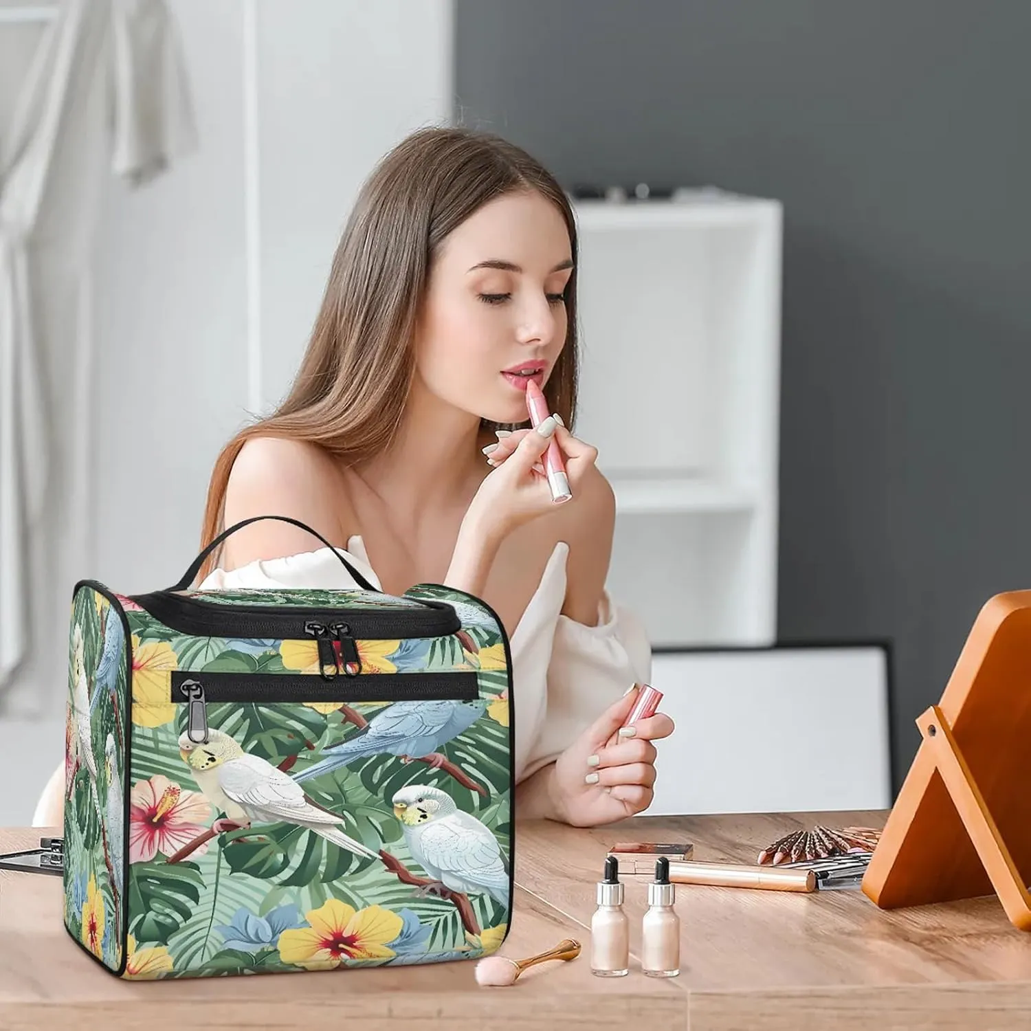 Tropical Bird Palm Leaf Summer Hawaiian Themed Large Makeup Bag Travel Make Up Organizer for Women Girls Cosmetic Bag Organizer With Handle