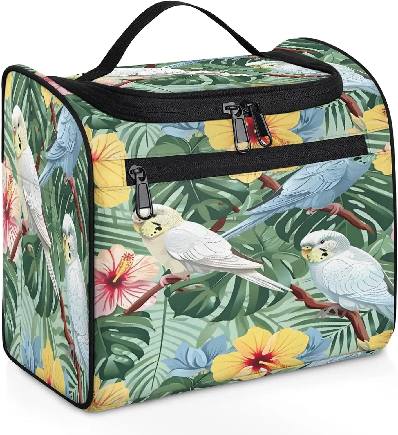 Tropical Bird Palm Leaf Summer Hawaiian Themed Large Makeup Bag Travel Make Up Organizer for Women Girls Cosmetic Bag Organizer With Handle