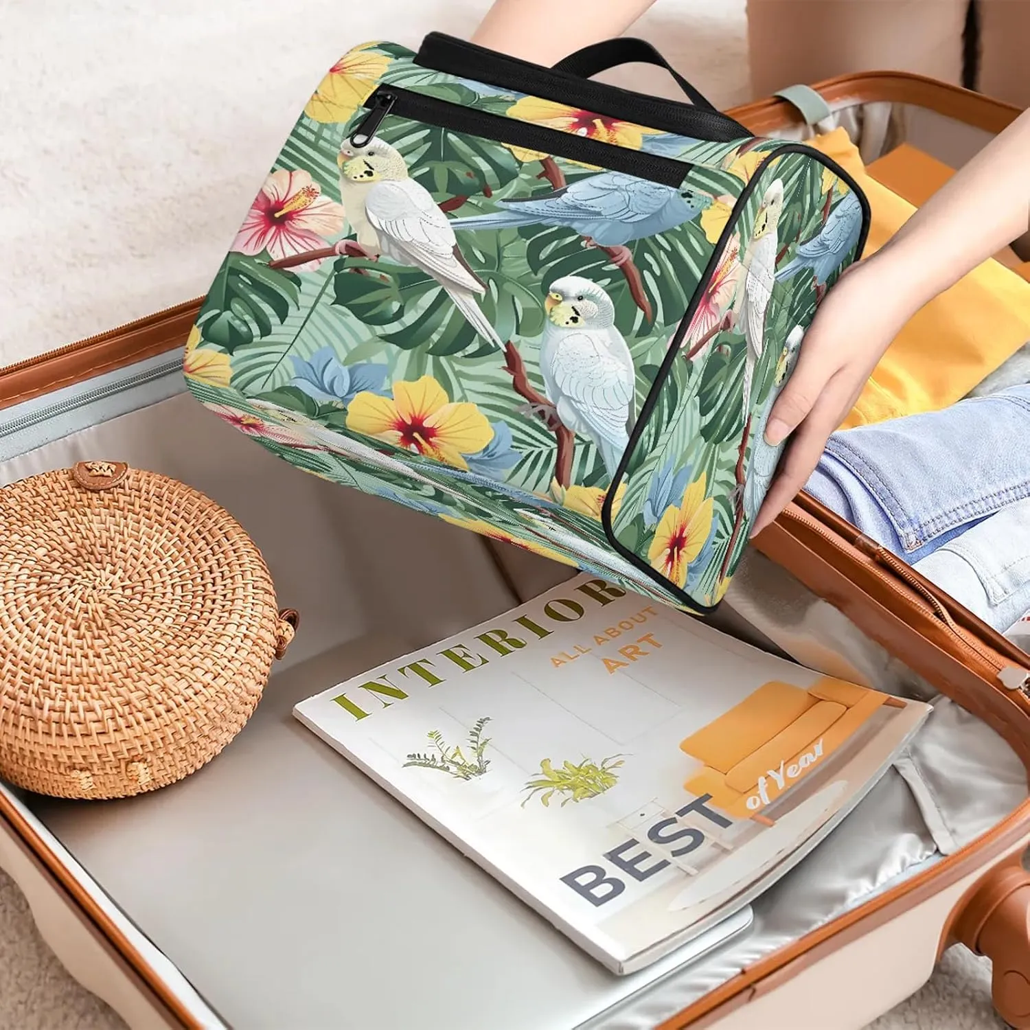 Tropical Bird Palm Leaf Summer Hawaiian Themed Large Makeup Bag Travel Make Up Organizer for Women Girls Cosmetic Bag Organizer With Handle
