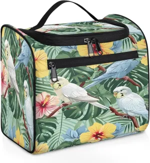 Tropical Bird Palm Leaf Summer Hawaiian Themed Large Makeup Bag Travel Make Up Organizer for Women Girls Cosmetic Bag Organizer With Handle
