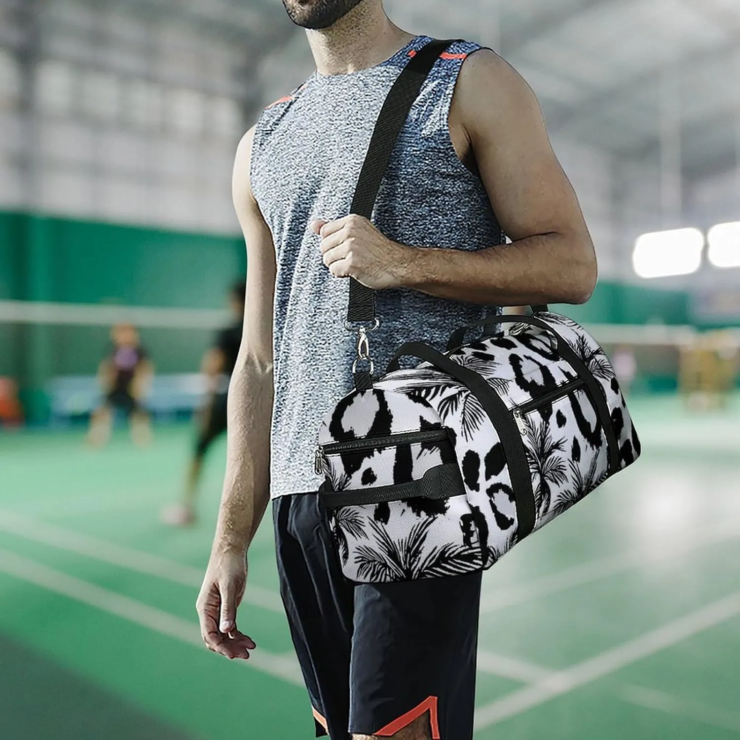 Tropical Palm Trees with Animal Skin Fitness Large Gym Bag for Unisex with Shoe Compartment & Wet Pocket