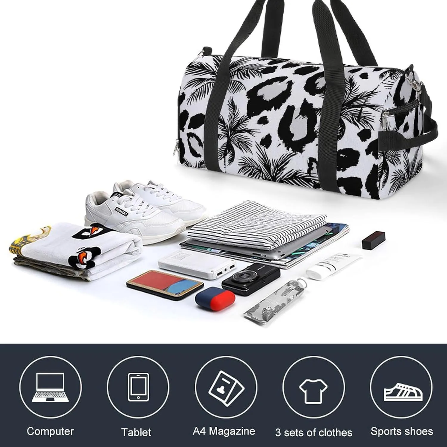 Tropical Palm Trees with Animal Skin Fitness Large Gym Bag for Unisex with Shoe Compartment & Wet Pocket