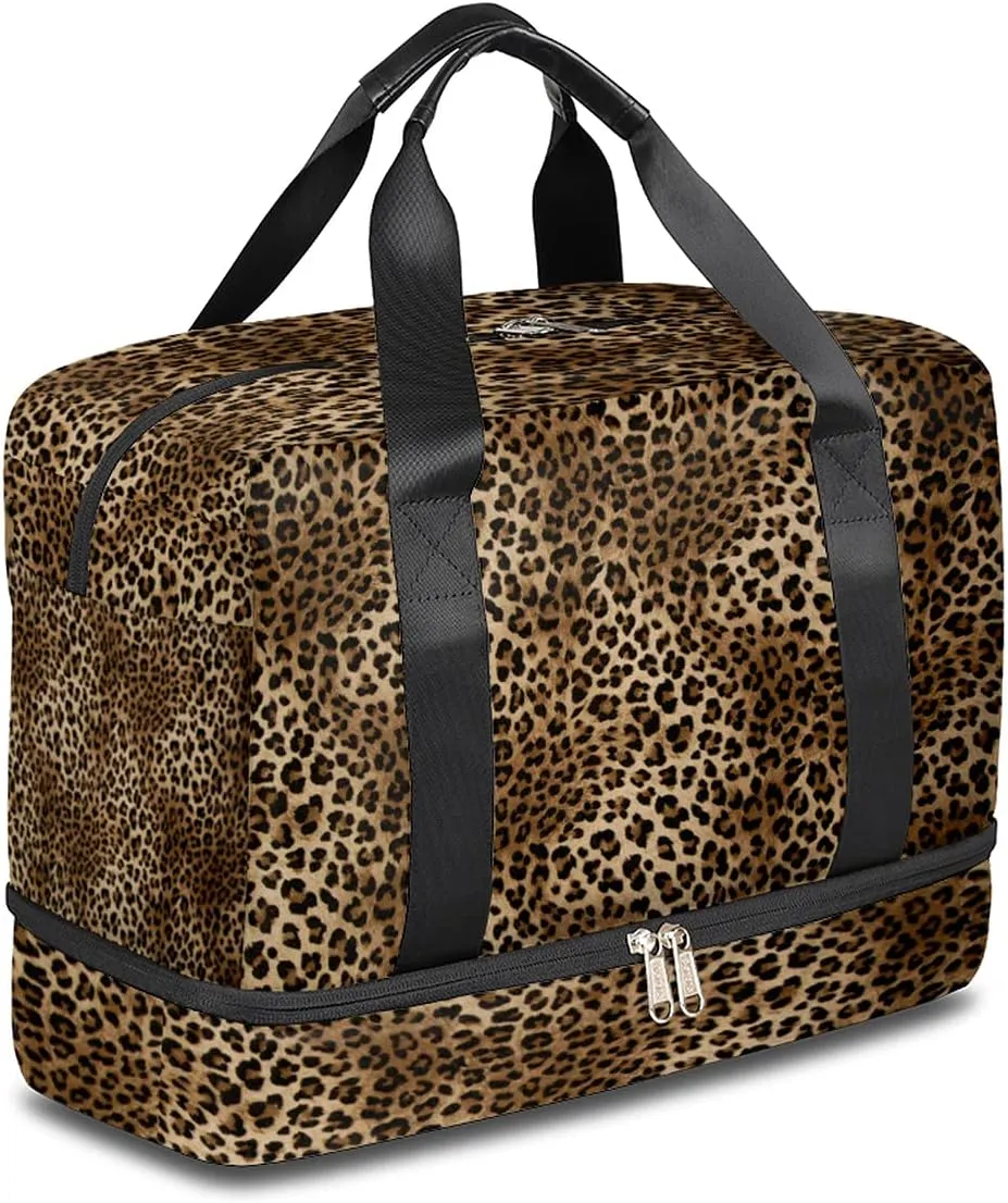 TropicalLife Leopard Print Waterproof Duffel Bag, Sports Tote Gym Bag, Animal Print Weekender Overnight Bag with Shoes Compartment for Men Women