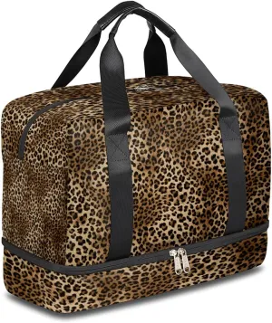 TropicalLife Leopard Print Waterproof Duffel Bag, Sports Tote Gym Bag, Animal Print Weekender Overnight Bag with Shoes Compartment for Men Women