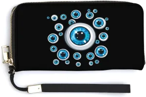 Turkish Blue Evil Eyes Leather Wallet Long Purse Pouch Card Holder Organizer with Strap for Men Women